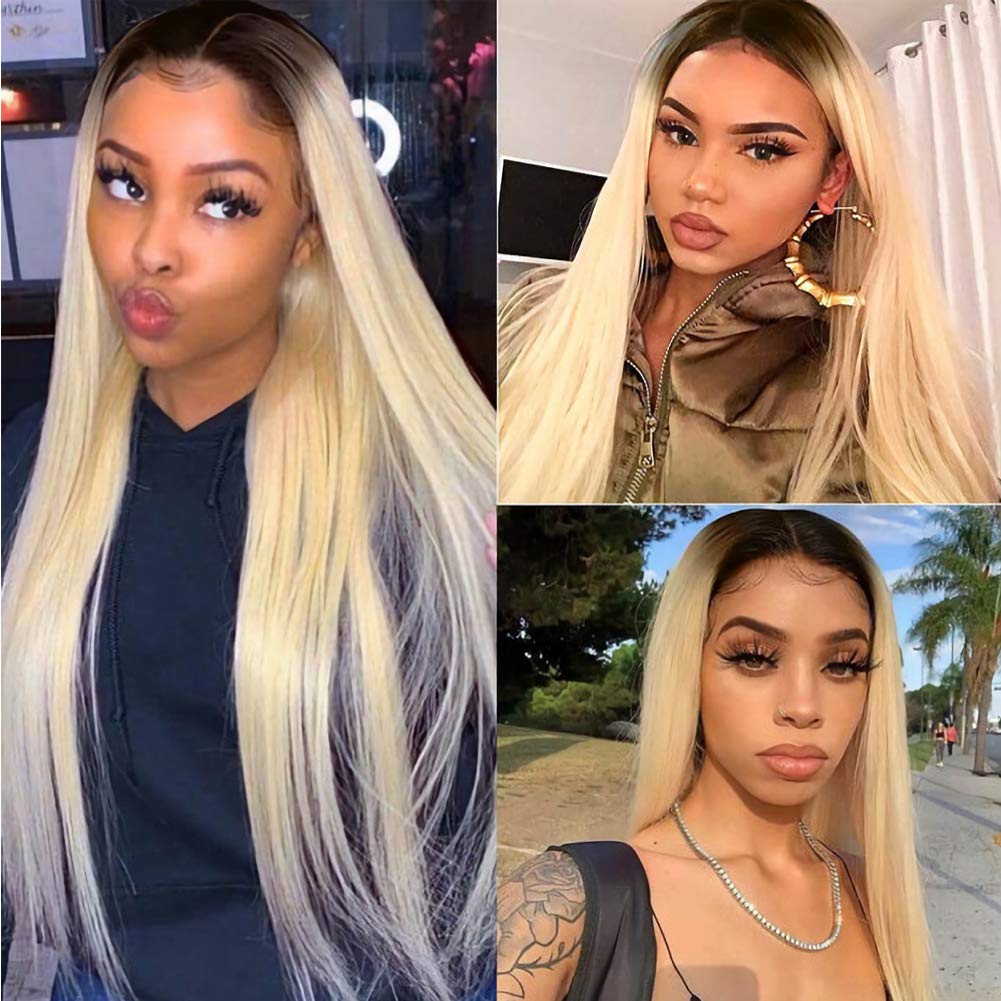 MSMYRNS 26 Inch Halloween Costume Wig HD Lace Middle Parting 1B Ombre 613 Blonde Color Jet Black Dark Roots Role Play Party Wig