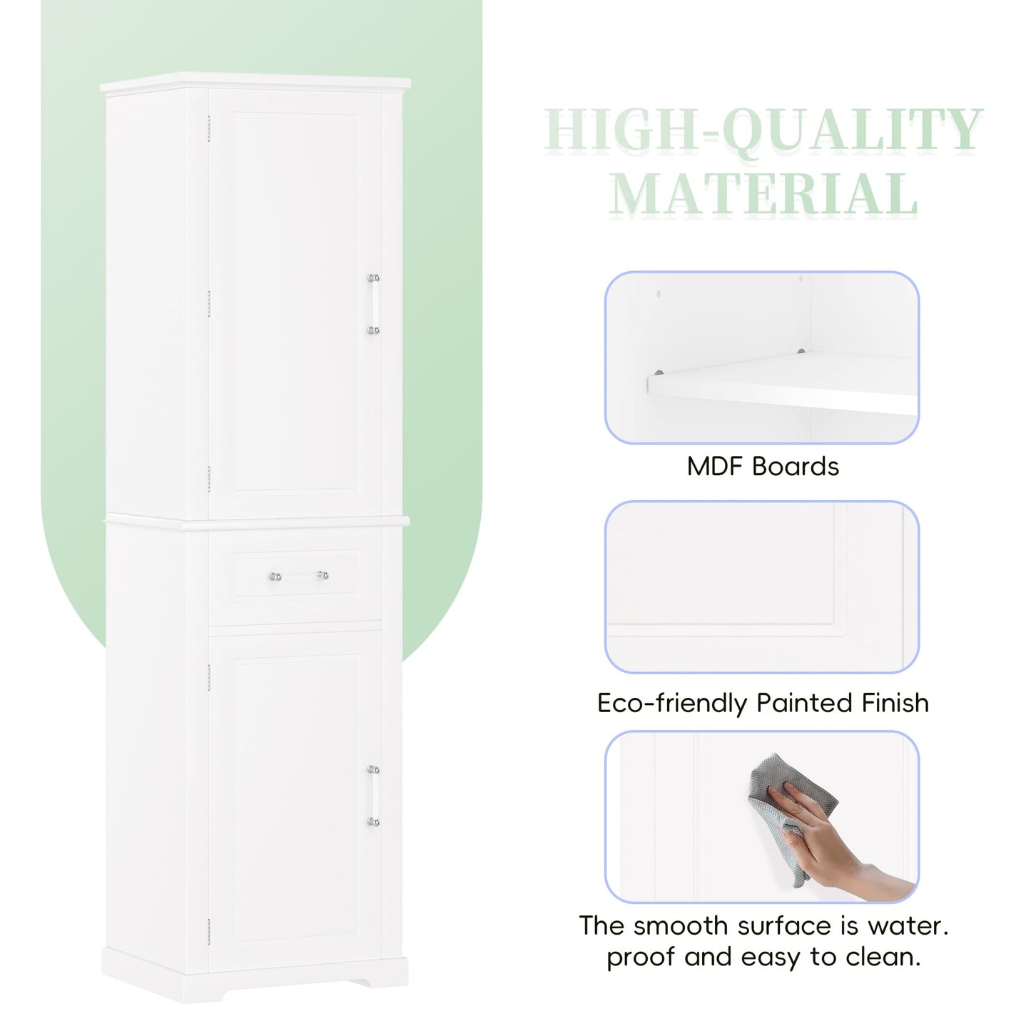 Guxeei Tall Storage Cabinet, Bathroom Floor Freestanding Storage Cabinet with 2 Doors, One Drawer, Door Shelve Design, and Adjustable Shelf for Bathroom, Office, Living Room, White