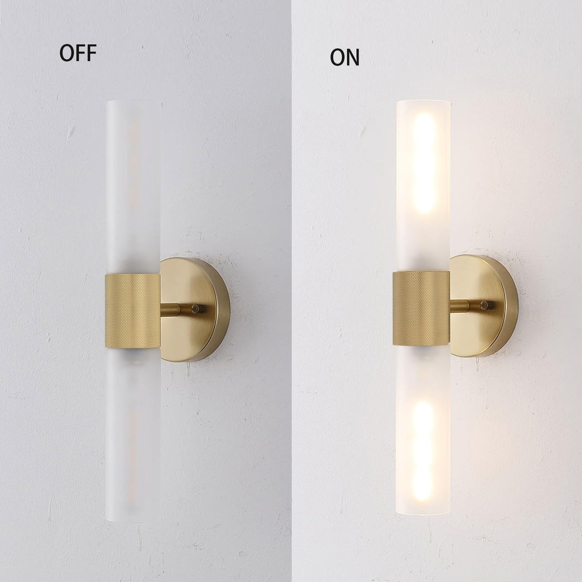 BYOLIIMA Gold Knurled Texture Wall Sconce Frosted Glass Shade Modern Bathroom Vanity Light Fixtures 2-Lights Mid Century Wall Light for Mirror Living Room Hallway E26 T10 Bulbs(Excluded)