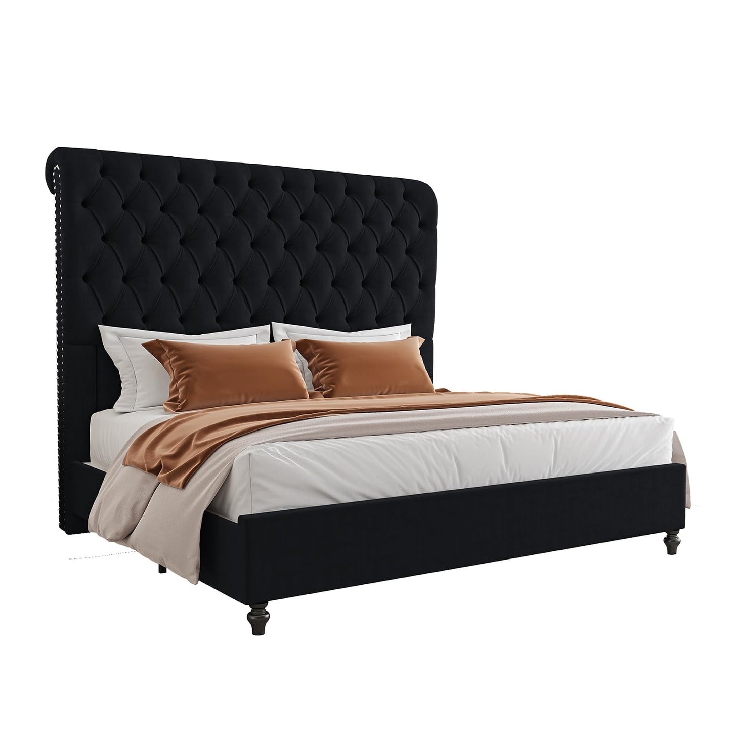 AMERLIFE Queen Size Bed Frame with 60" Tall Wingback Headboard, Velvet Upholstered Platform, Button Tufted Sleigh Design, No Box Spring Needed,Black