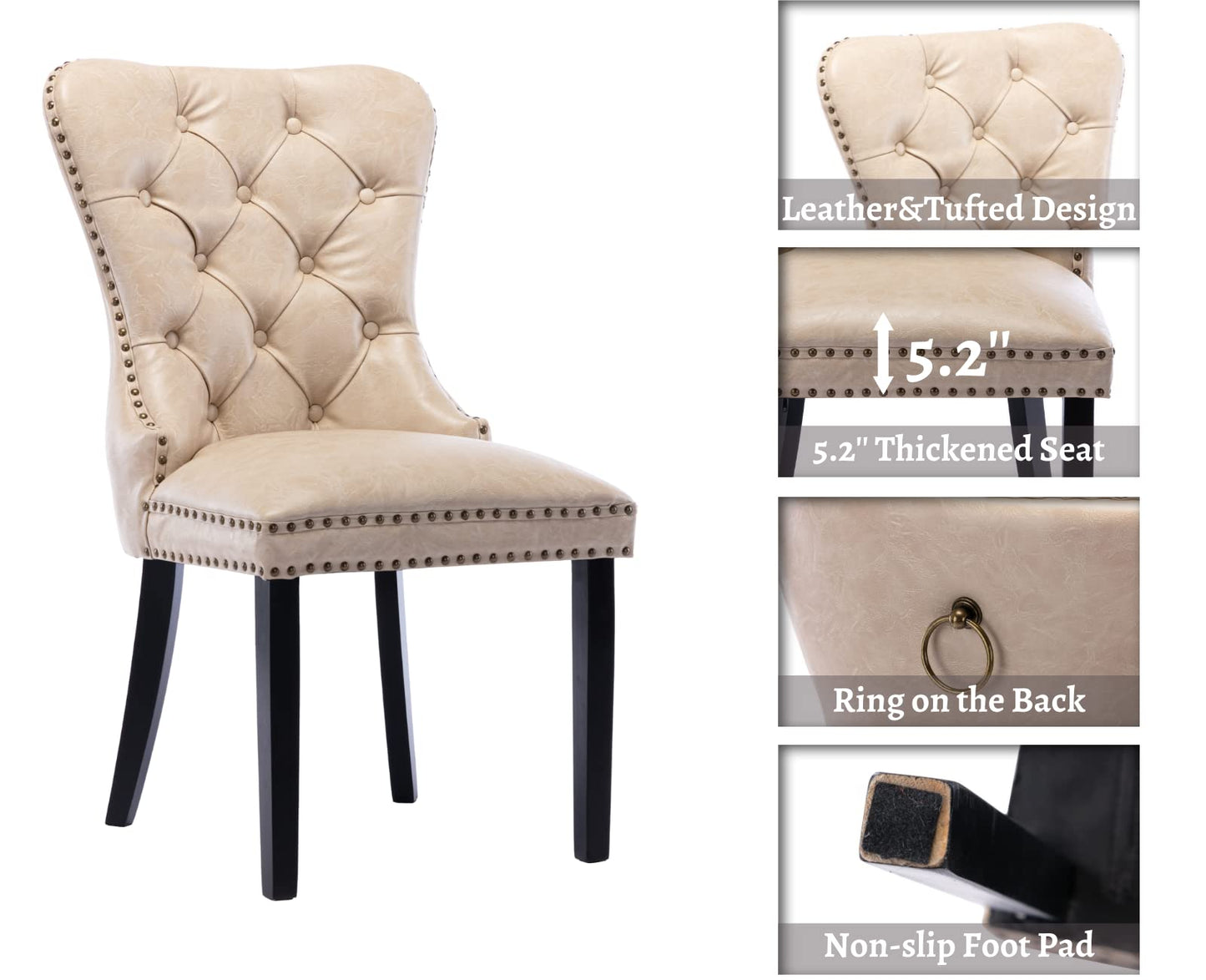EALSON Modern Dining Chairs Set of 2 Mid Century Leather Dining Room Chairs with Wood Legs Tufted Upholstered Kitchen Side Chairs with Nail Head Trim for Dining Room/Living Room, Beige with Ring