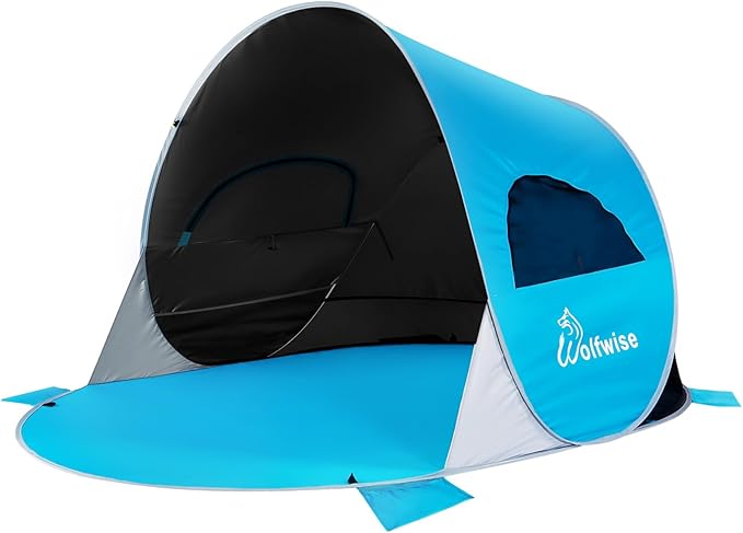WolfWise UPF 50+ Easy Pop Up 3-4 Person Beach Tent Sport Umbrella Instant Sun Shelter Tent Sun Shade Canopy, Dark Shelter-Blue