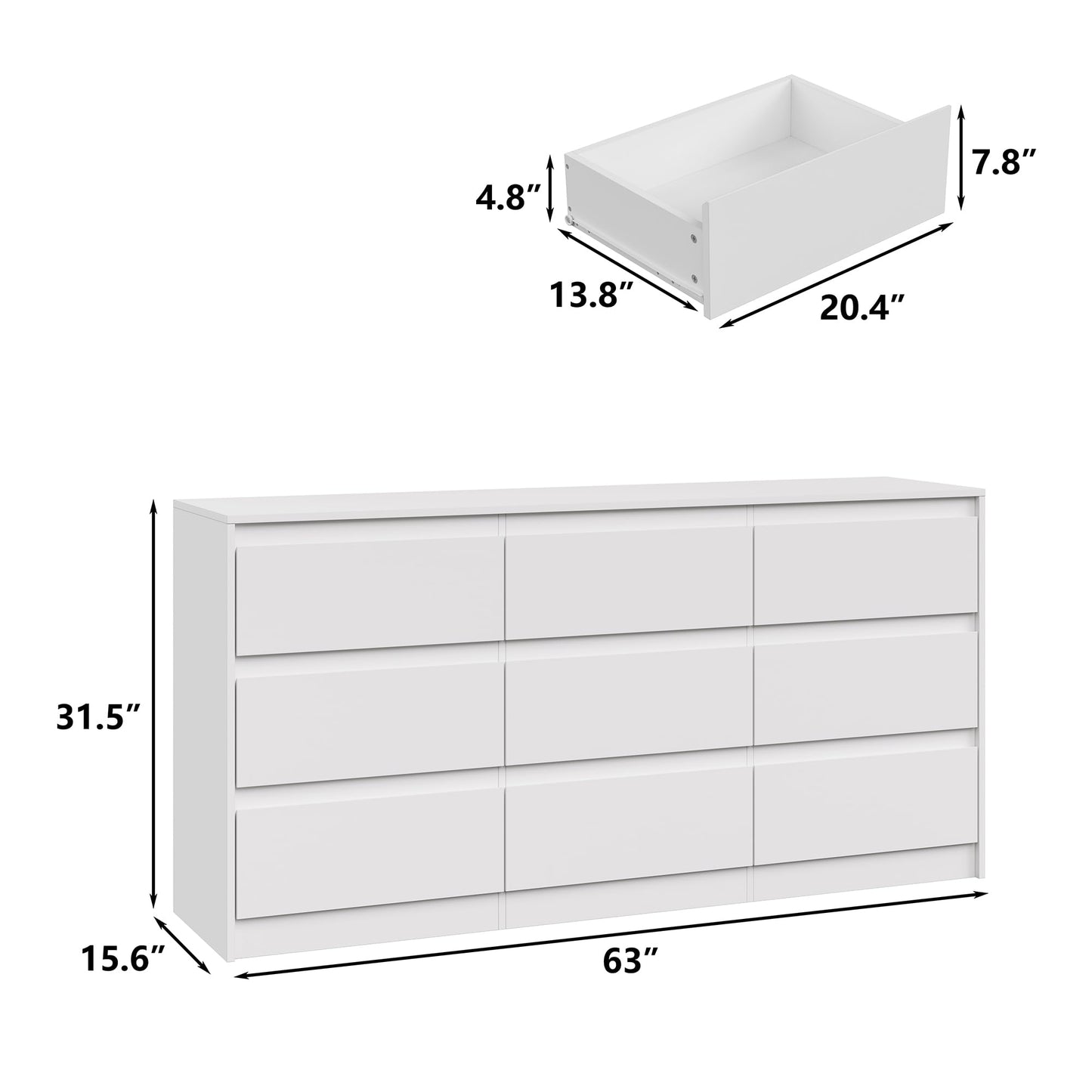 Furniouse Modern 9 Large Storage Drawers Dresser for Clothes Organizer, White Modern Chest of Drawers for Closet,63" Long Drawer Organizer Cabinet for Bedroom,Living Room,Entryway,Hallway