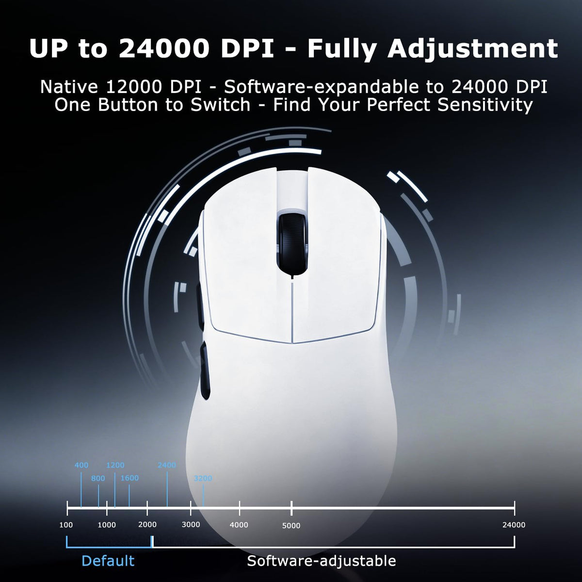 AJ179 V2 Wireless Gaming Mouse, Tri-Mode 2.4G/Bluetooth/Wired, 800mAh Battery Inside a 61g Ultra-Light Shell, 24000 DPI, 6 Programmable Buttons, Right-Handed Ergonomic, On-Board Memory – White