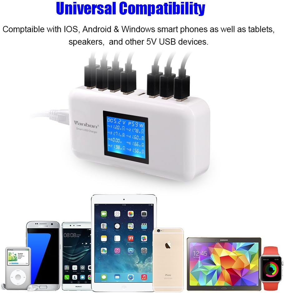 60W/12A 8-Port Desktop Charging Station Multiple USB, Multi Port Travel Fast Wall Charger Hub with LCD for Smart Phones, Tablet and More (White)