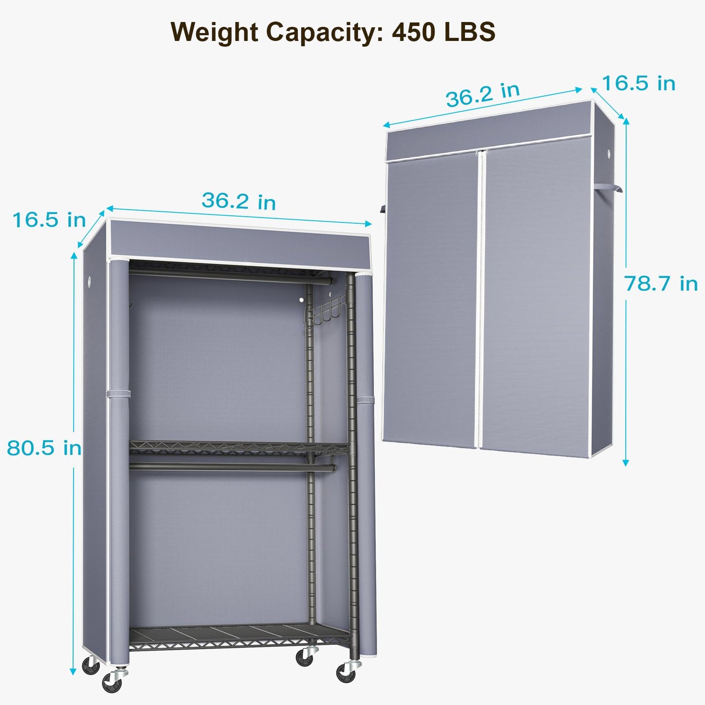 FUTASSI Black Clothing Rack with Grey Cover, P1C Rolling Closets with Wheels, Metal Garment Rack for Hanging Clothes, Clothing Storage Wardrobe, 36.2" W x 16.5" D x 80.5" H, Load 450 Pounds