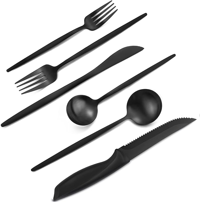 48 Pieces Matte Black Silverware Set with Steak Knives,Satin Finish tableware Cutlery Set,Black Flatware Set for Home and Restaurant,Knife Spoon And Fork Sets for ervice for 8