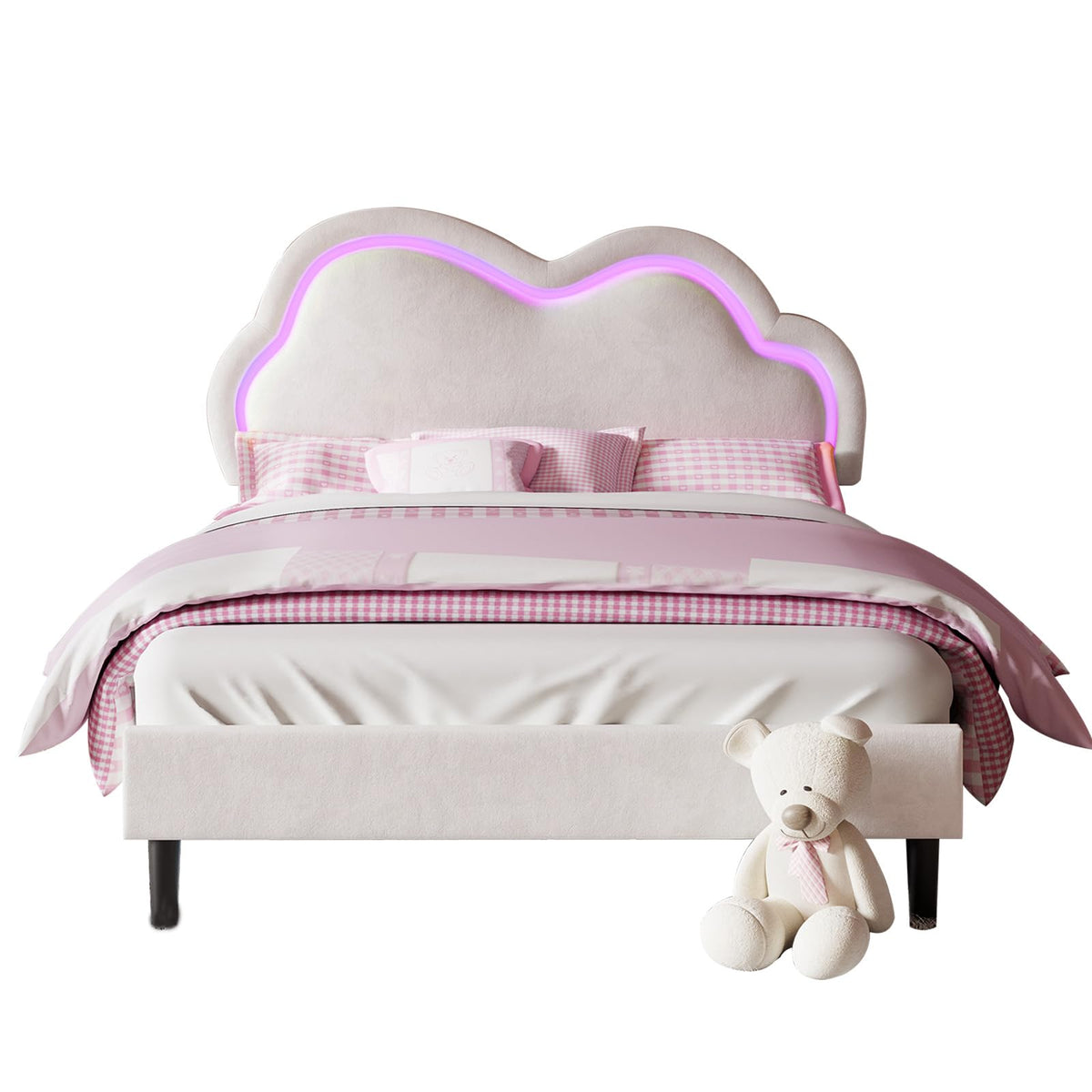 Jocisland Full Bed Frame for Girls with Adjustable Cloud Headboard, Velvet Upholstered & RGB Lights, 7.1" Underbed Storage, No Box Spring Needed, Cream