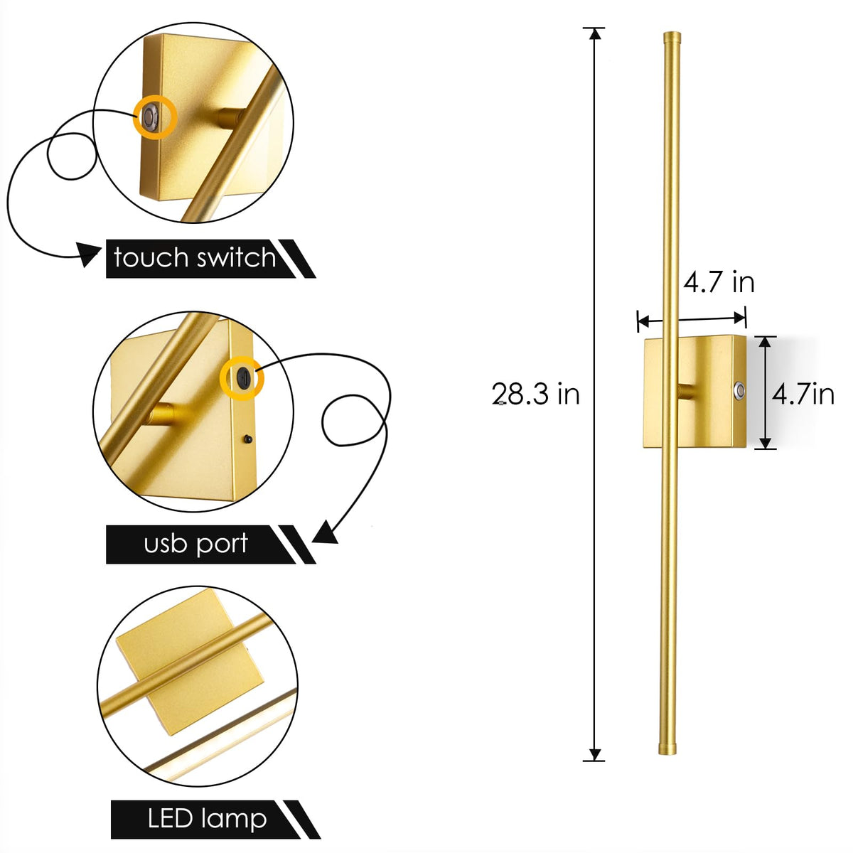 LED Wireless Wall Sconce with Remote Control (Set of Two), USB Rechargeable Battery Powered Indoor Wall Lamps, Dimmable, 360° Rotate,Timing, 28.3 inch Gold Wall Lights for Hallway/Living Room/Bedroom