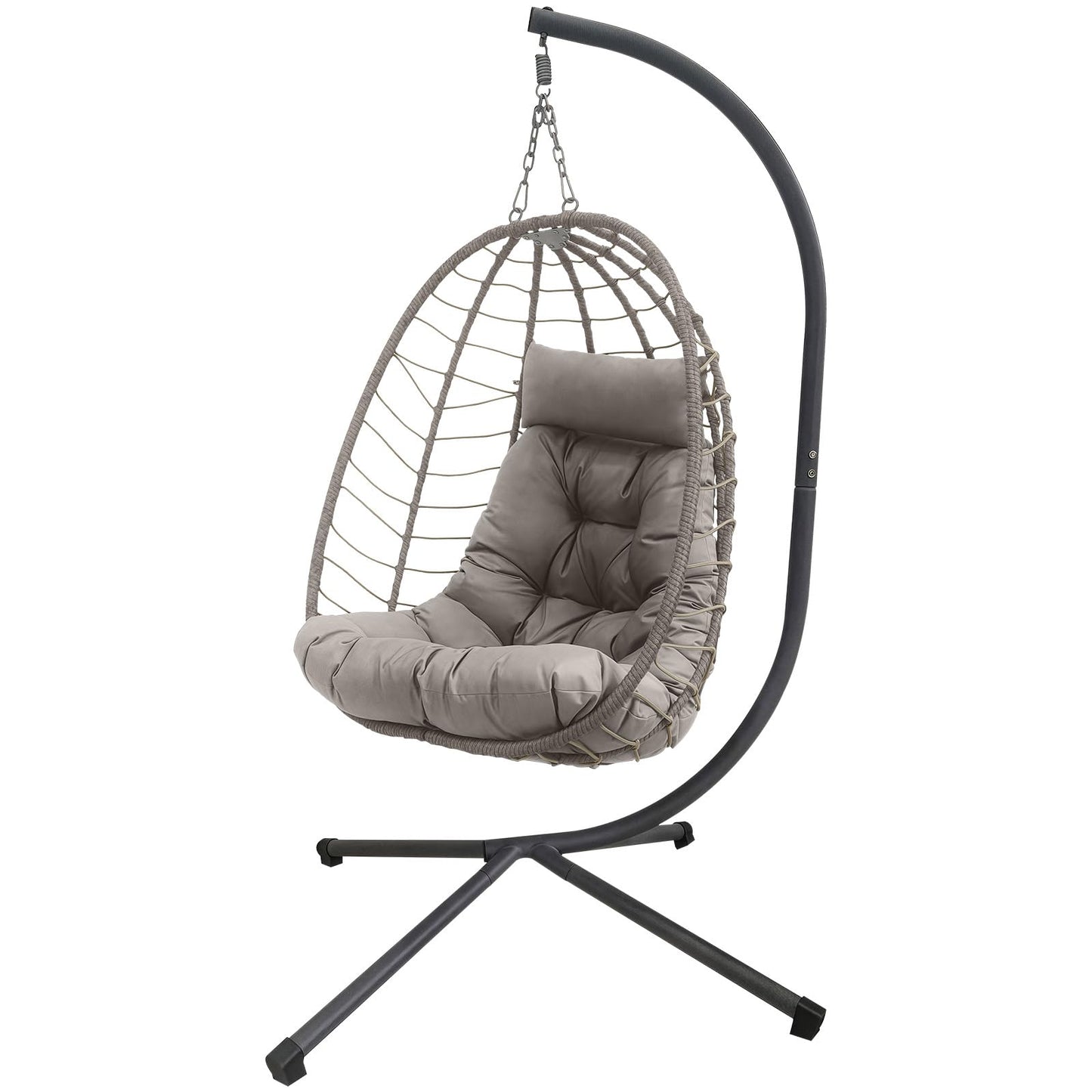 Hanging Egg Chair with Stand, Outdoor Patio Rattan Wicker Swing Egg Chair, Outdoor Indoor Hammock Chair for Porch, Living Room, Poolside and Balcony, 350LBS Capacity, Light Grey