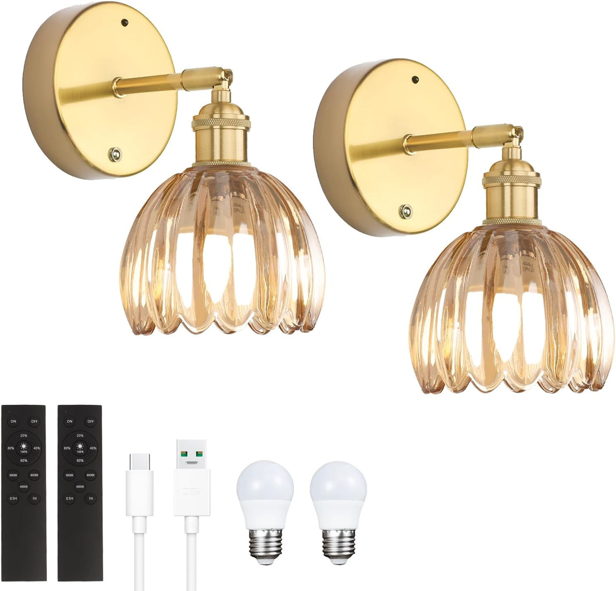 Shenmoyl Battery Operated Vintage Wall Sconces with Amber Tulip Glass Lampshade Battery Powered Wall Lighting for Bedside Bedroom Doorway, Set of 2