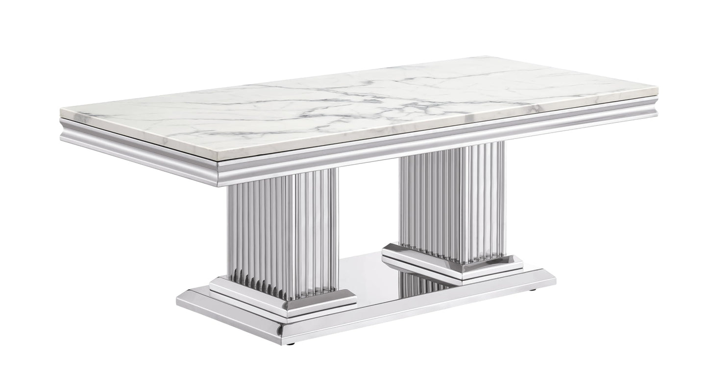 SSLine Modern 1 Piece Living Room Coffee Table Luxury Faux Marble Coffee Table with II-Shape Stainless Steel Base for Living Room Bedroom Home Office, Only 1 Coffee Table,White Marble& Silver