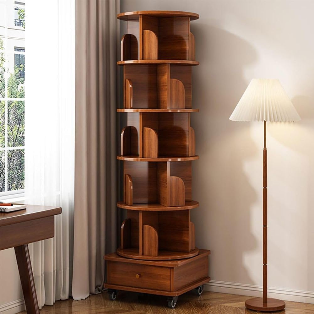 Hayiodda Modern 6 Tier Rotating Bookshelf with Drawer and Wheels, 360° Spinning Tall Bookshelf for Small Spaces, Slim Spining Bookcase for Bedroom, Living Room, Office, Walnut (6 Tier)
