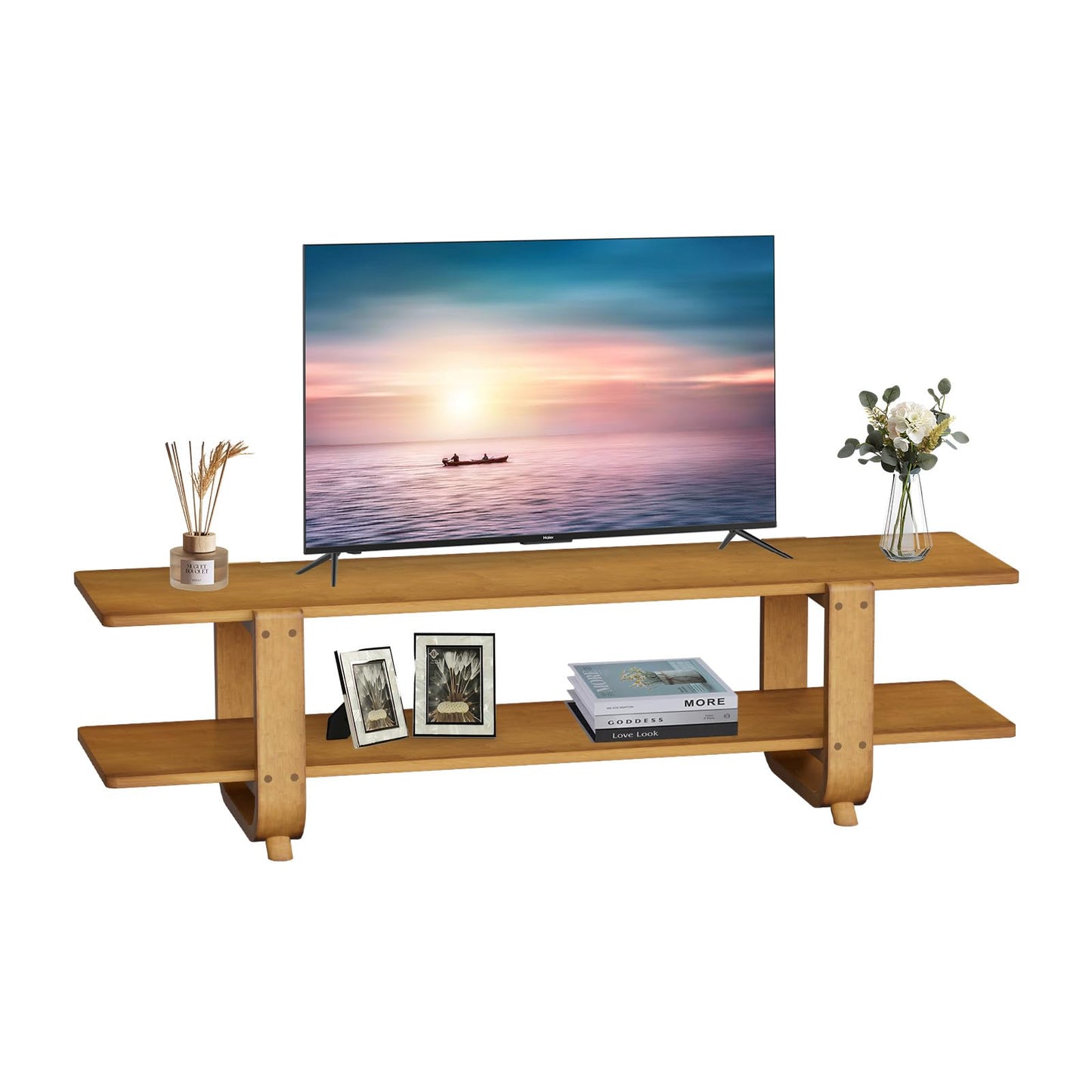 Mordchil HF Bamboo TV Stand for TVs up to 65", Accent Entertainment Center with Storage, Media Console Table with Shelf, Modern TV Stand for Living Room, Bedroom, 55"(L), Walnut