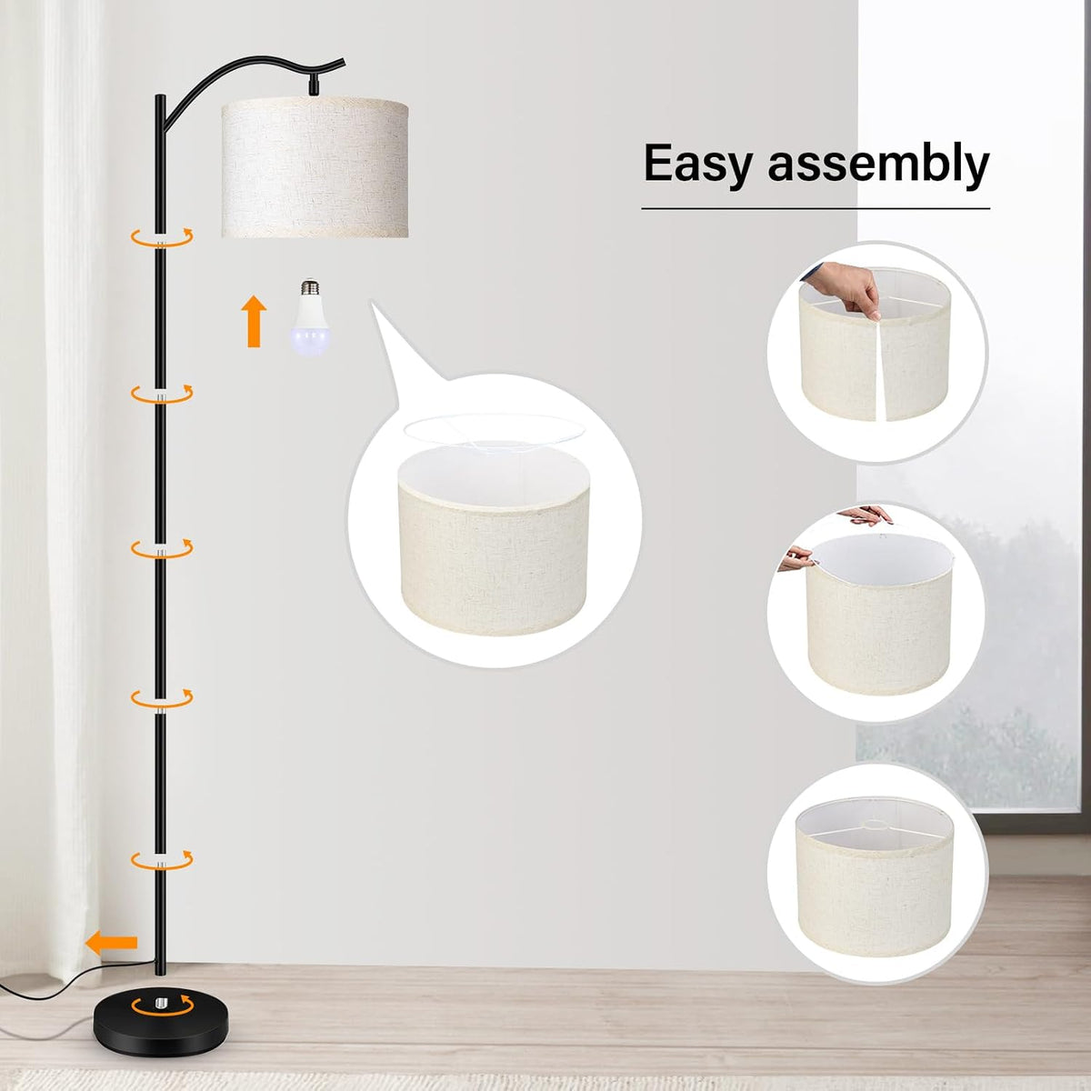 BoostArea Floor Lamp for Living Room,Arc Floor Lamp with Remote Control,Stepless Dimmable Brightness & Colors Temperature 2700k-6500k,Modern Standing Lamp for Bedroom Study Room Office,Beige