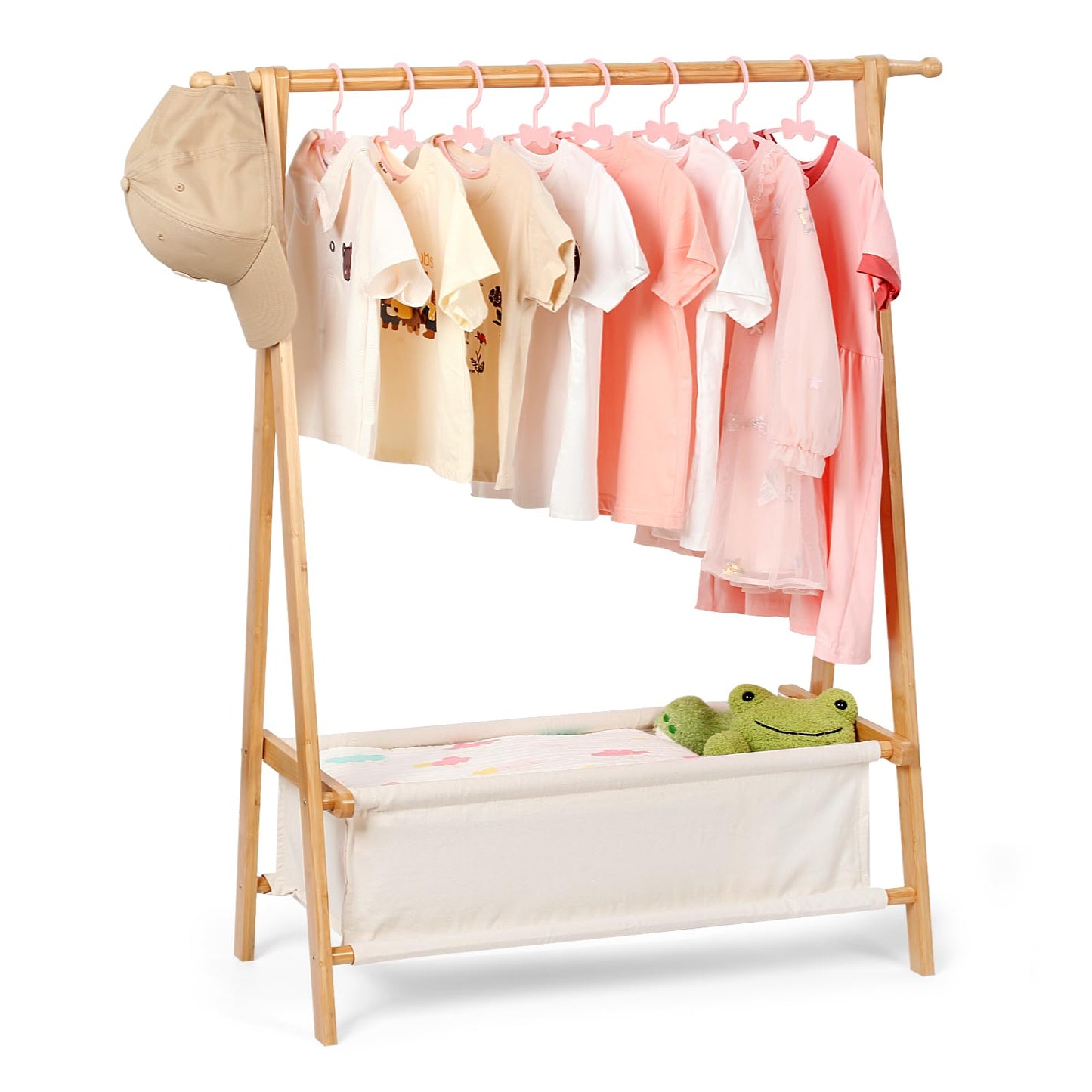 Relquorax Kids Clothing Rack with Storage, Dress Up Rack, Child ClothesRack, Small Garment, for Costume, Bamboo (Natural Color)