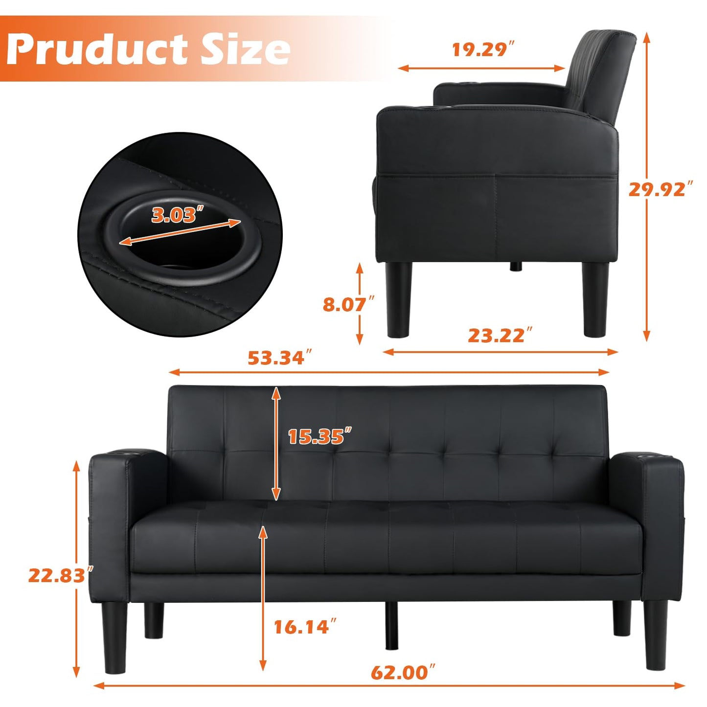 AILEEKISS 62" Loveseat Couches Upholstered Leather Love Seat Sofas Couch with 2 USB, Cup Holders, Side Pocket, Mid-Century Modern Tufted Sofa for Living Room,Office,Bedroom,Apartment (Black, 2-Seat)