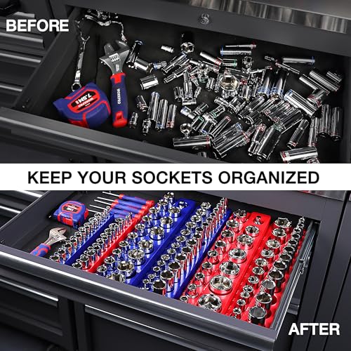 WORKPRO Magnetic Socket Organizer, 1/2-Inch Metric Socket Holder | Hold 19-Piece Sockets, Suitable for Standard and Deep Socket, Magnetic Base, No Scratches Installation, Sockets not Included - size: 1/2" DR - Metric