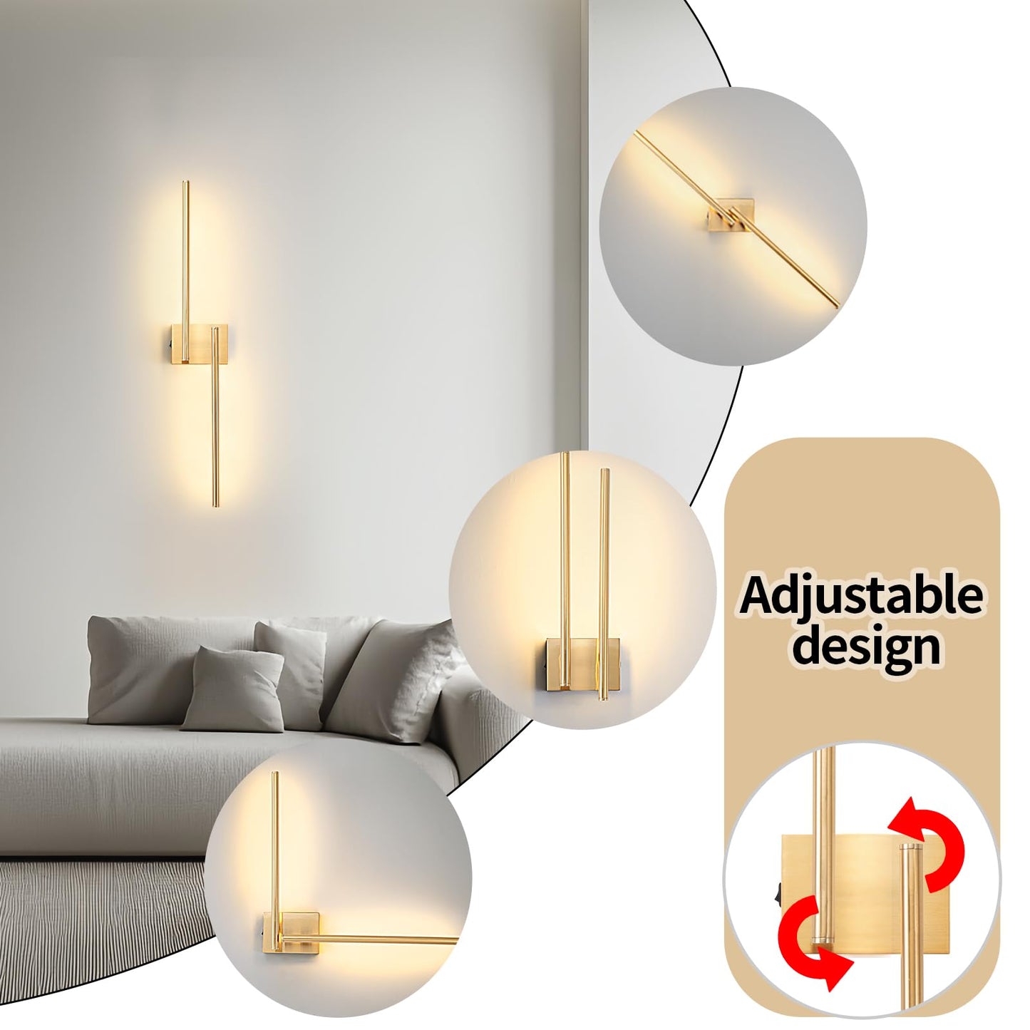 Zlierop Rotate Wall Sconces Battery Operated, 8000mAh Charge Battery Wall Sconces Set of Two, Wireless Wall Sconce with Memory Remote, Dimmable Wall Lights, Gold sconces Wall Decor Set of 2