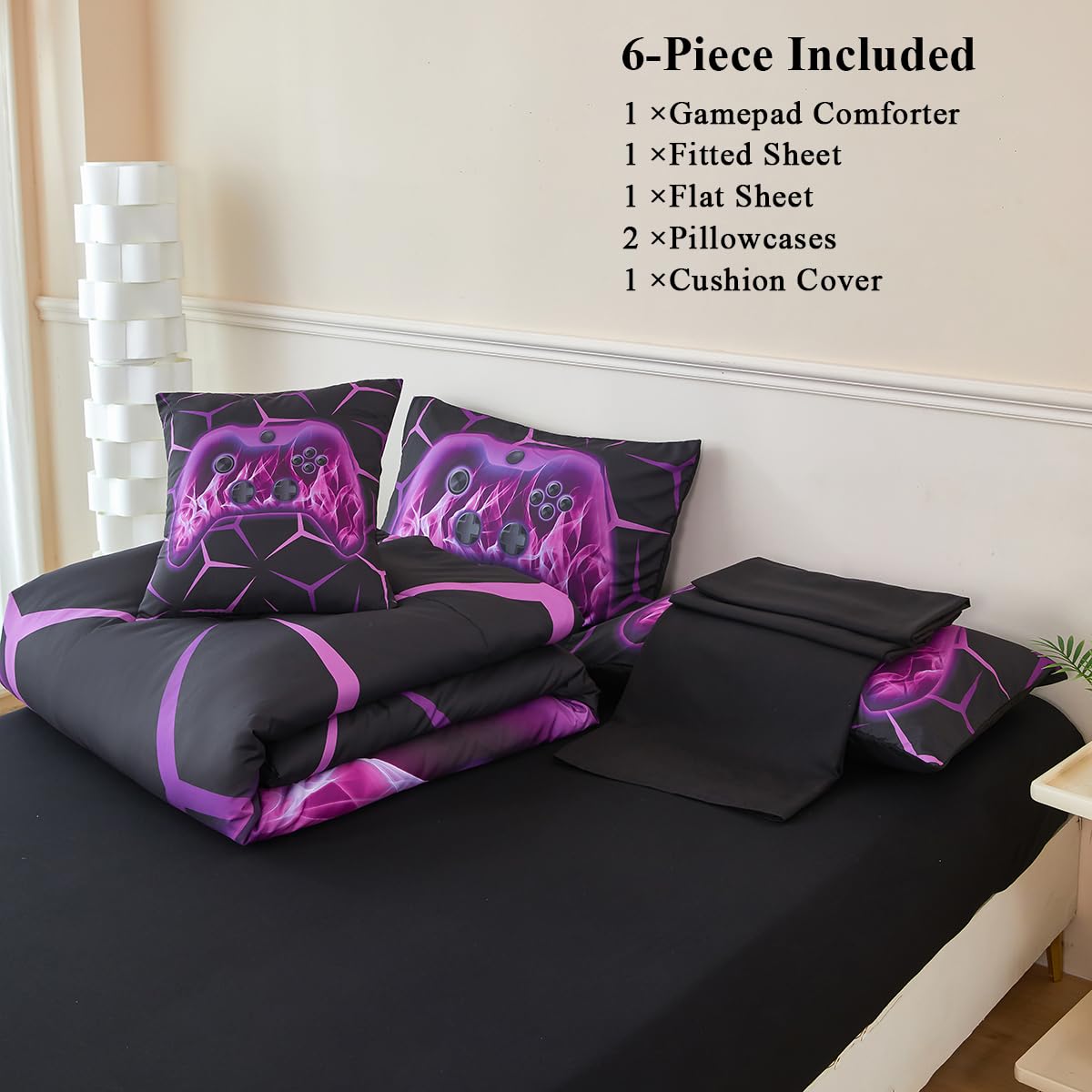 ZSYAYAHA Boys Comforter Set Twin 6 Pieces Gaming Bedding Set Black Purple Bed in A Bag Set Modern Video Games Bed Set for Kids Bed Decor(Purple, Twin)