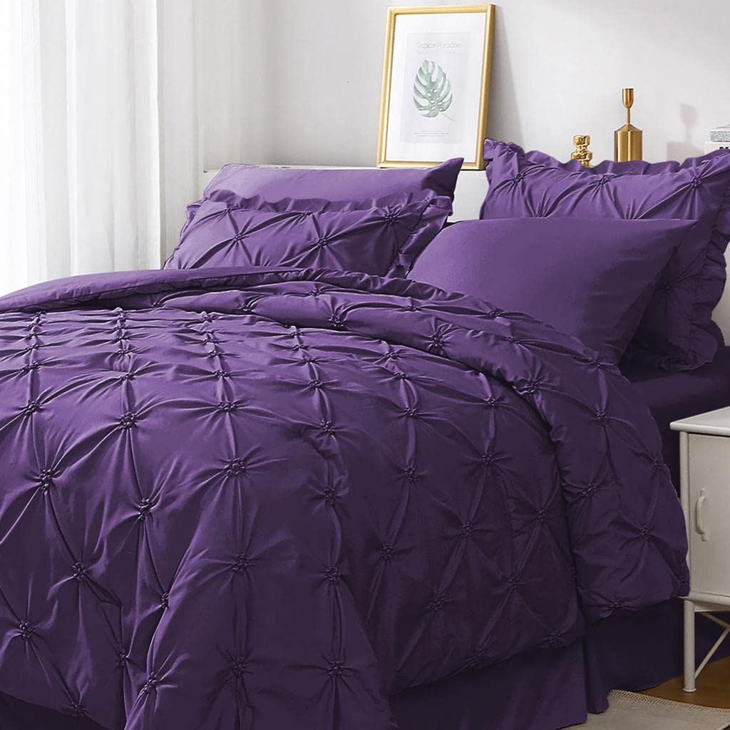 JOLLYVOGUE Purple Twin Size Comforter Sets 5 Pieces, Pintuck Bed in a Bag Comforter Set for Bedroom, Bedding Comforter Sets with Comforter, Sheets,Ruffled Shams & Pillowcases