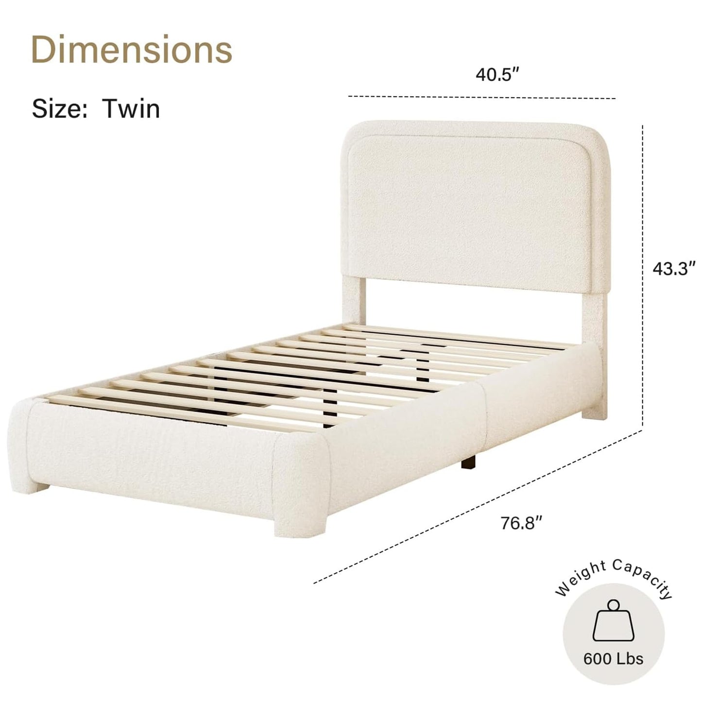 Twin Size Bed Frame, Boucle Upholstered Platform Bed Frame with Headboard, Modern Style, Soft Rounded Corners, No Box Spring Required, Easy Assembly, Cream