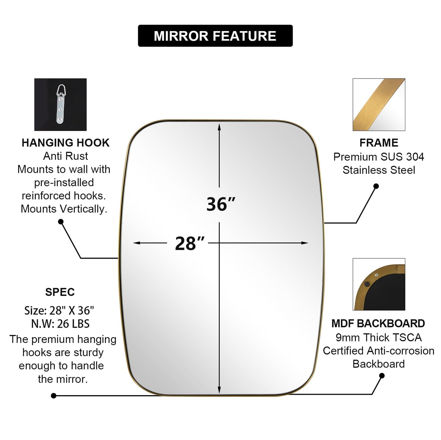 ANDY STAR Gold Mirror for Bathroom, 28x36 Inch Stainless Steel Metal Frame Oblong Bathroom Mirror for Vanity, 1’’ Deep Wall Mounted Vertically/Horizontal