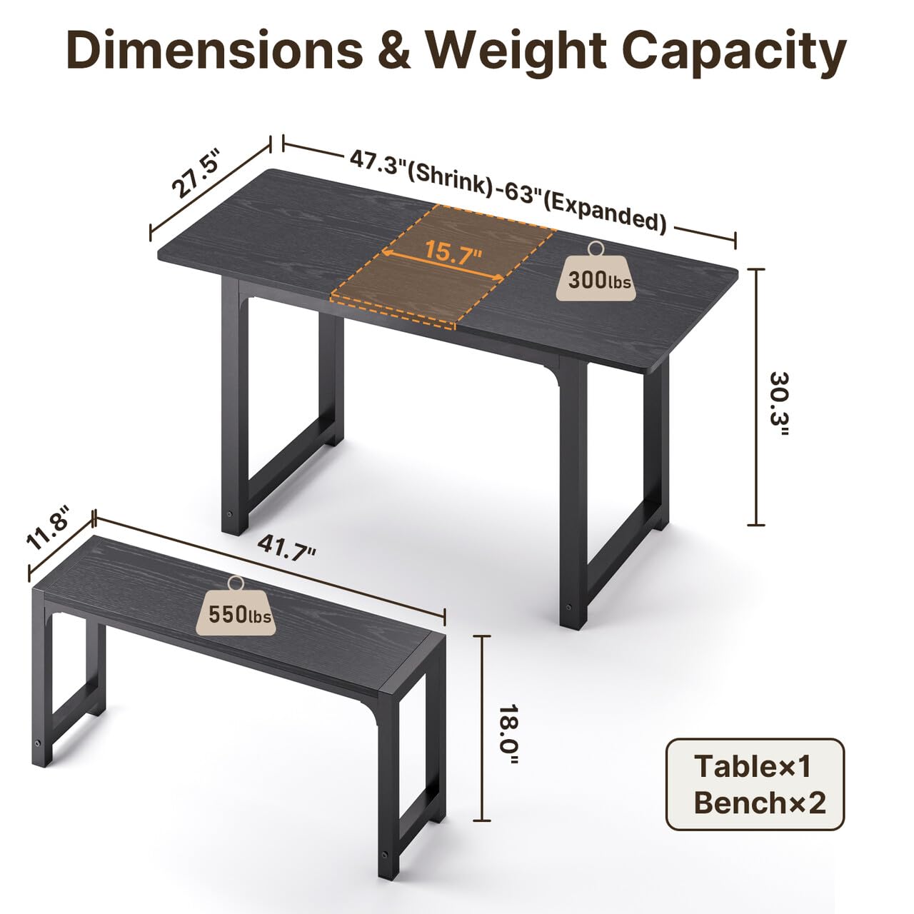 Gizoon 63” Kitchen Table Sets for 4 with 2 Benches Extendable Dining Table Set for 4 with Chairs Dining Room Table and Chairs for Kitchen Apartment Outdoor and Home Office, Black