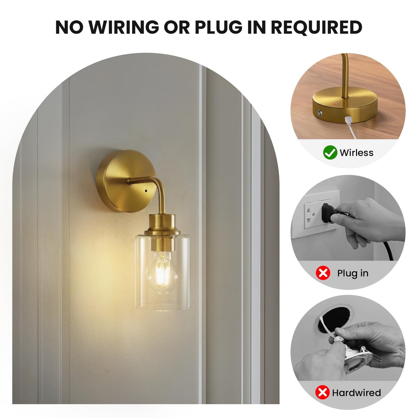 Epinl Battery Operated Wall Sconce Set of Two - Dimmable Wireless Sconces Set of 2 with Remote Control, Cordless Rechargeable Gold Wall Lights 3000K Modern Wall lamp for Bathroom Bedroom Living Room