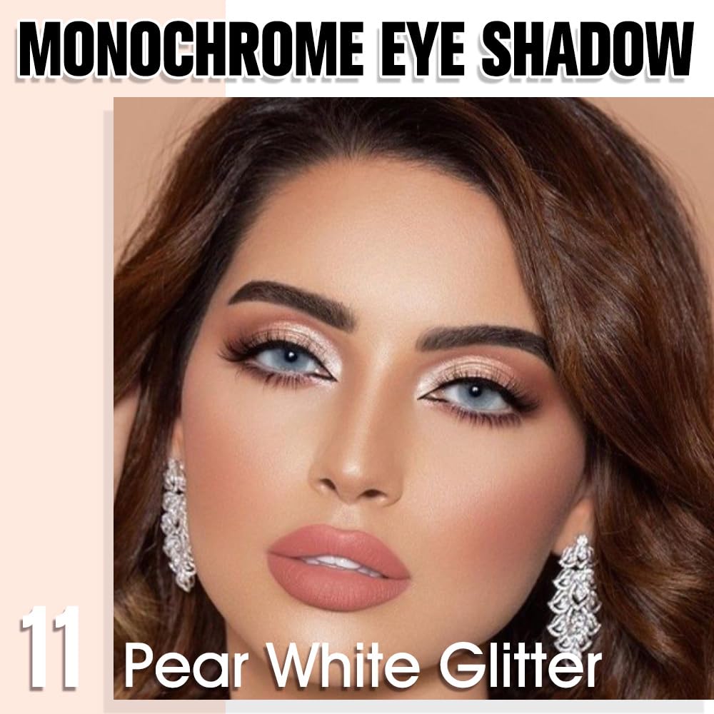 Single Glitter Shimmer Sparkle Eye Shadow Palette Makeup, Pear White Glitter Eyeshadow for Women, Pigmented Waterproof Sombras Para Ojos, Vegan, Talc, Paraben & Cruelty Free, 11