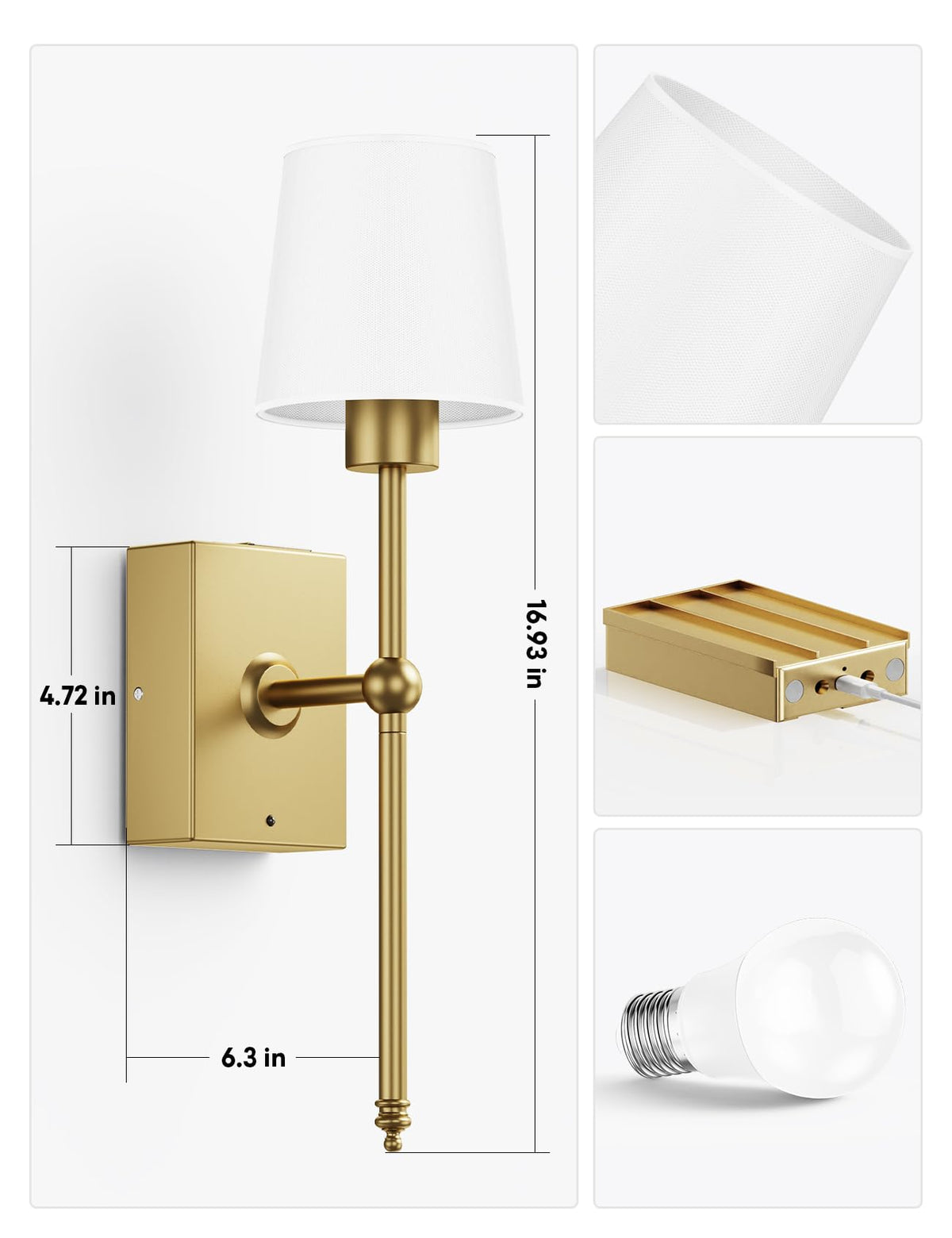 Battery Operated Wall Sconce Set of 2 - Gold Rechargeable 8000mAh Dimmable LED Wall Lights with Remote & Timer, Wireless Wall Lamps for Bedroom, Hallway, Living Room Decor