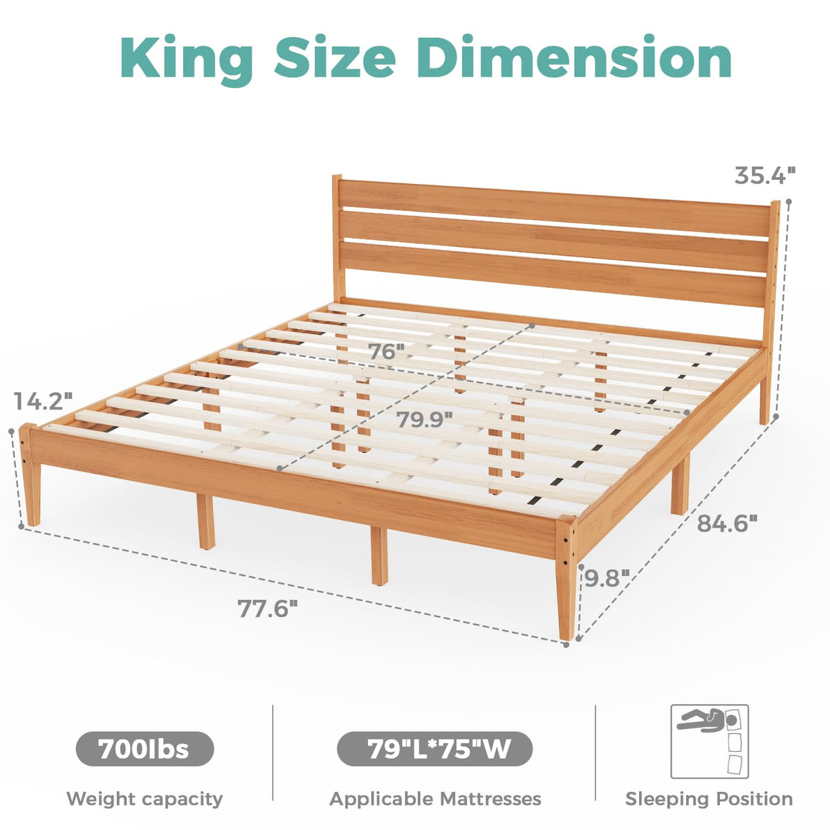 MORDEER Solid Wood King Size Bed Frame with Ladder Headboard, Malaysian Oak Platform Bed Frame, Modern Bedframe with Wooden Slats, No Box Spring Needed, Easy Assembly, King Size, Rustic Pine