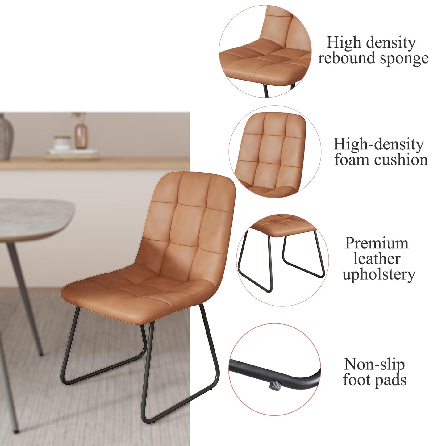 HIPIHOM 47.2'' Dining Table Set for 4,Modern Wood Dining Table,Leather Dining Chairs 4,Table and Chairs Set of 4,Ideal for Kitchen Dining Room (Walnut Color Table + 4 U-Shaped Brown Chairs, 47.2")