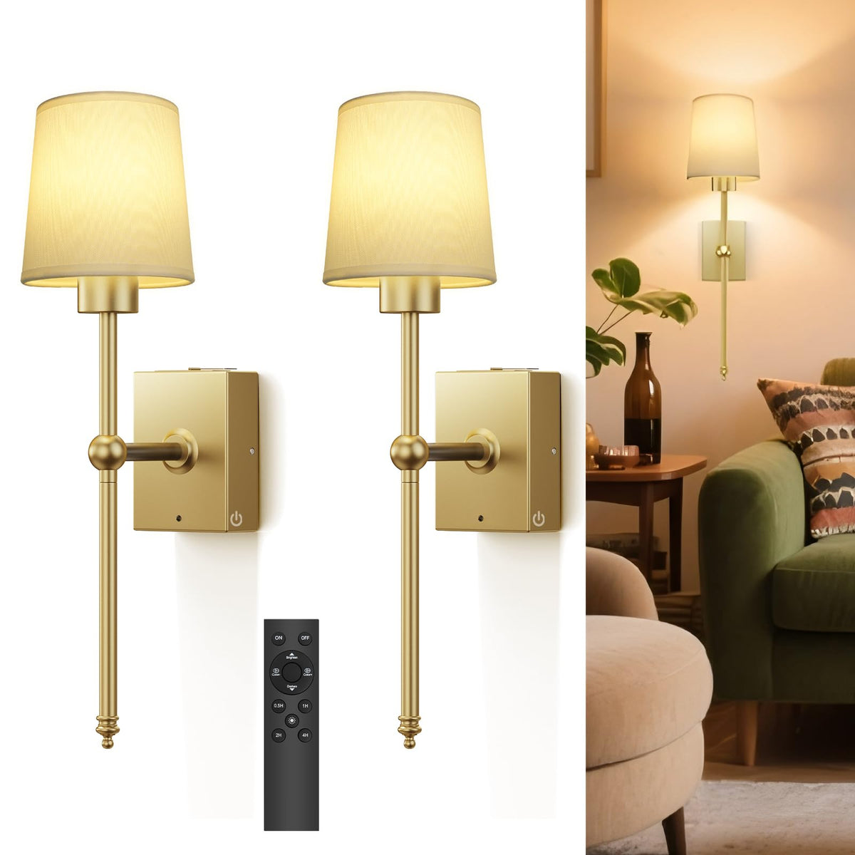 Battery Operated Wall Sconce Set of 2 - Gold Rechargeable 8000mAh Dimmable LED Wall Lights with Remote & Timer, Wireless Wall Lamps for Bedroom, Hallway, Living Room Decor