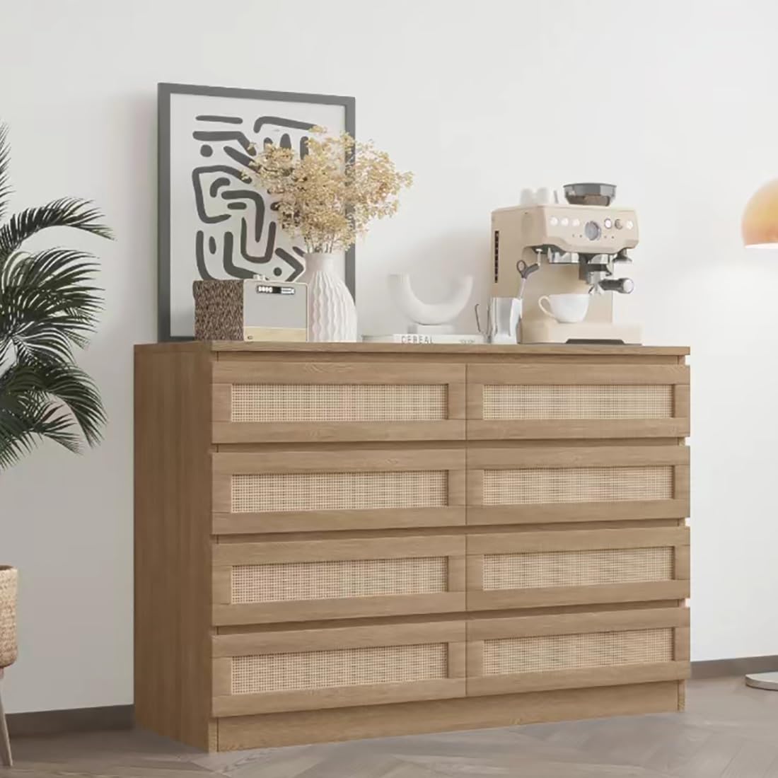 Patikuin Rattan Dresser for Bedroom, Modern 8 Drawer Double Dresser for Bedroom, Wide Wood Chest of Drawers for Bedroom, Living Room, Hallway