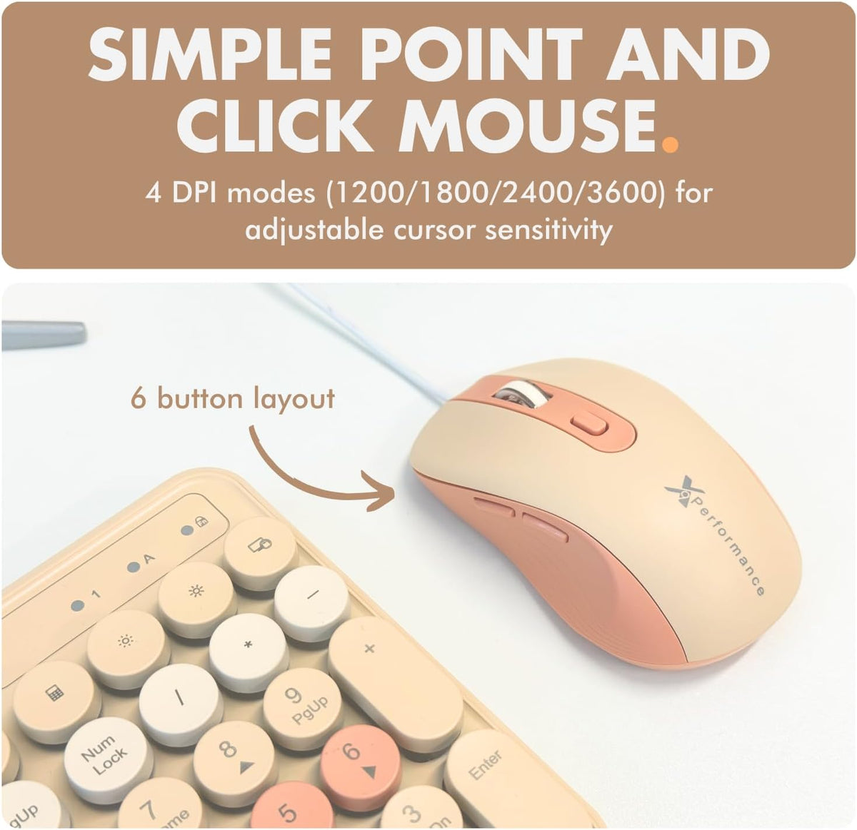 X9 Wired Keyboard and Mouse Combo with Phone/Tablet Holder - Full-Sized 109 Keys Pastel Keyboard and Adjustable DPI, Backlit Keyboard and Mouse for PC, Windows, MAC, Desktop, Laptop - Brown