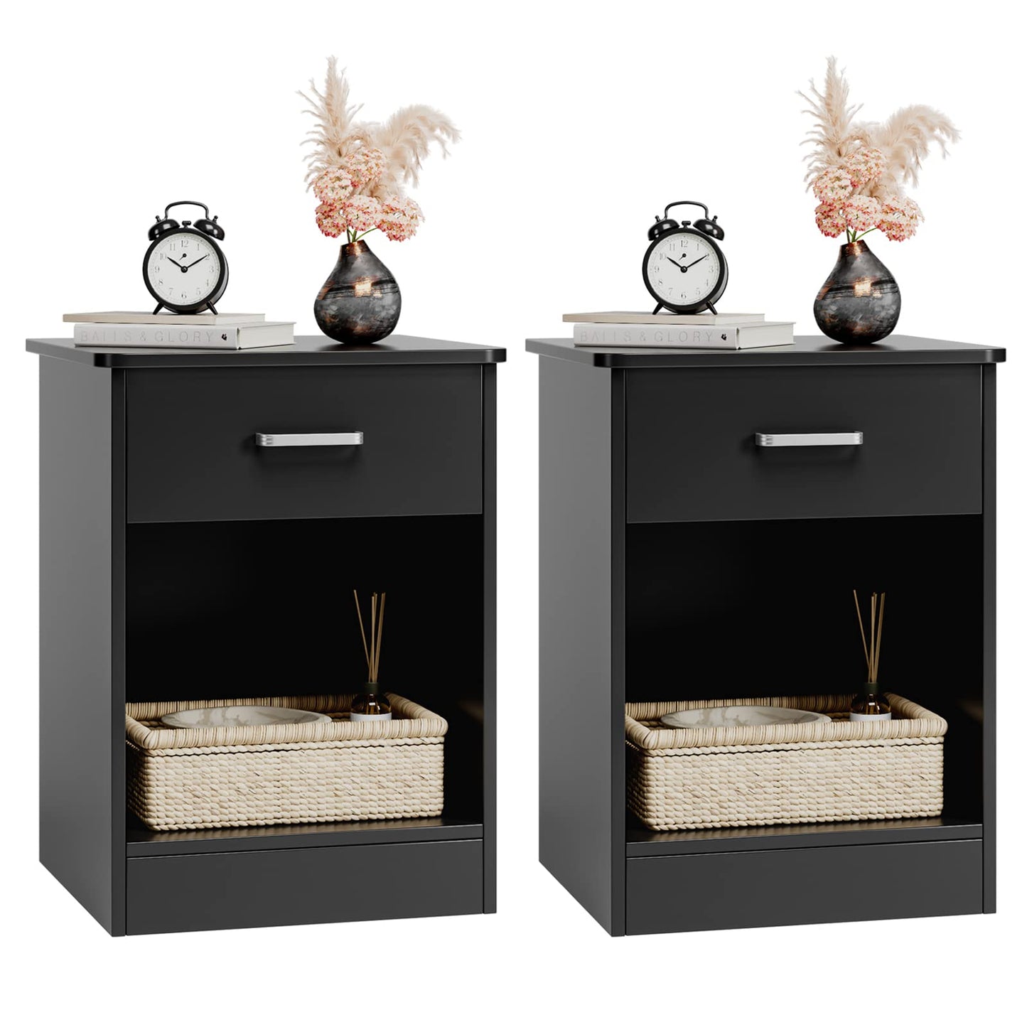 FOTOSOK Nightstand, Set of 2, 2-Tier Side Table with Drawer and Storage Shelf, Bedside Table End Table, Modern Night Stand for Bedroom, Home Office,Black