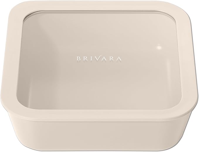 Ceramic Coated Glass Food Storage Container | No PTFE, PFOA, PFAS, and BPA | Reusable Non Toxic Meal Prep Container with Glass Lid | Easy To Store | 8 Cup Square [Crema]