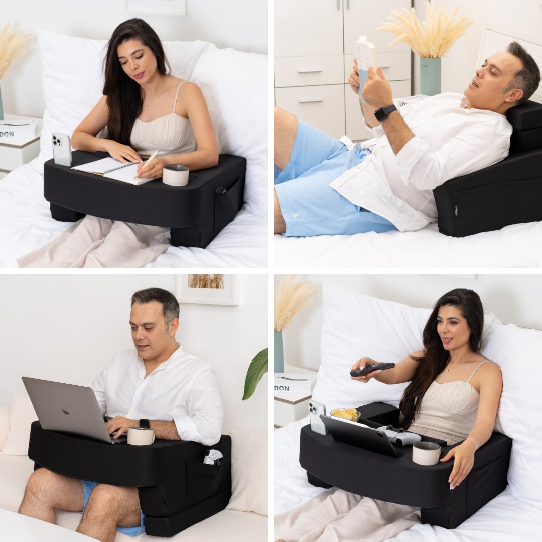 TabCouchCaddy Reading Pillow for Gaming – Extra Large Lap Desk & Arm Rest with Cup & Phone Holder, Adjustable Heights, Laptop Support, Large Pockets – Comfortable for Work, Gaming & Crocheting (Black)