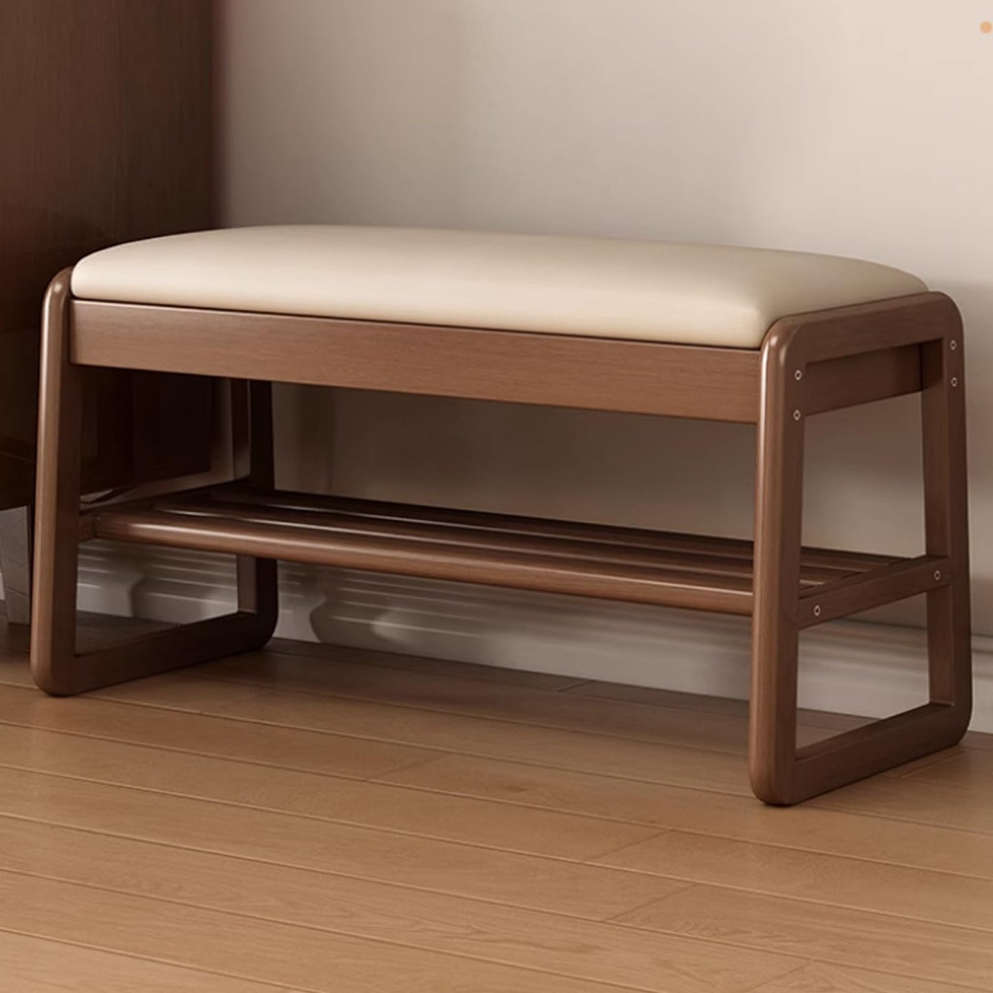 Solid Wood Bench, Entryway Shoe Bench with Cushion, 2-Tier Shoe Racks Bench, Modern Shoe Rack with Flip Top Storage Space, Shoe Organizer for Entryway, Living Room, Hallway, Bedroom