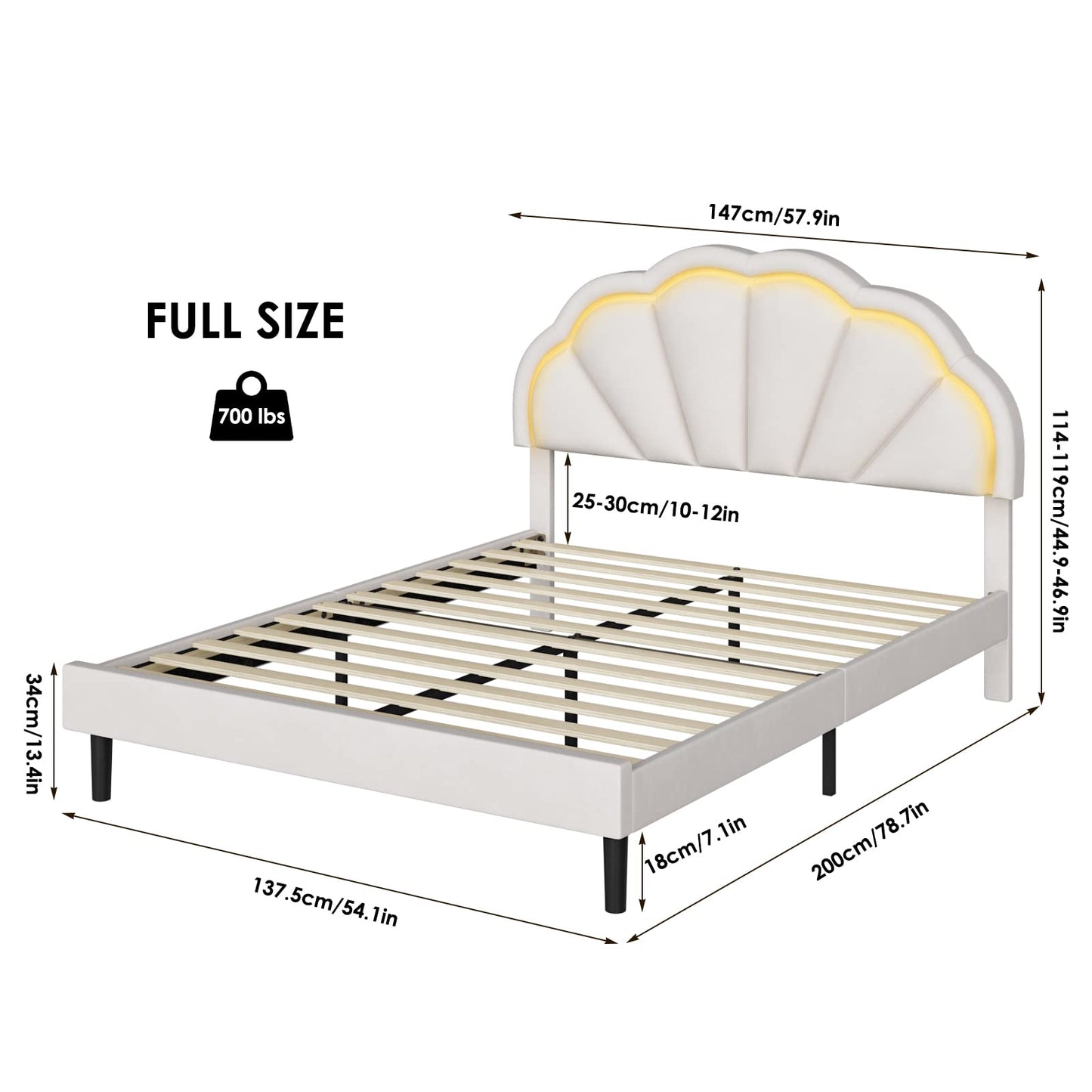 HIFIT Full Upholstered Smart LED Bed Frame with Adjustable Chic Petal Headboard, Princess Full Size Platform Bed Frames for Kids/Girls, Wooden Slats Support, No Box Spring Needed, Easy Assembly, Beige