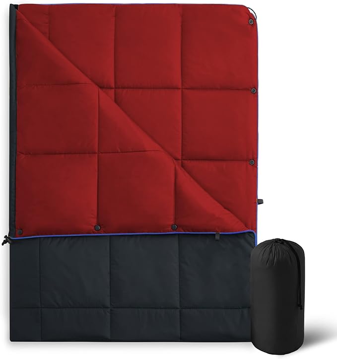 UNIKOME Outdoor Packable Camping Blanket, Lightweight Travel Blanket for Camping, Dual-Sides Puffy Down Alternative Camping Blanket with Snap Clasps, 75"×52", Black&Red
