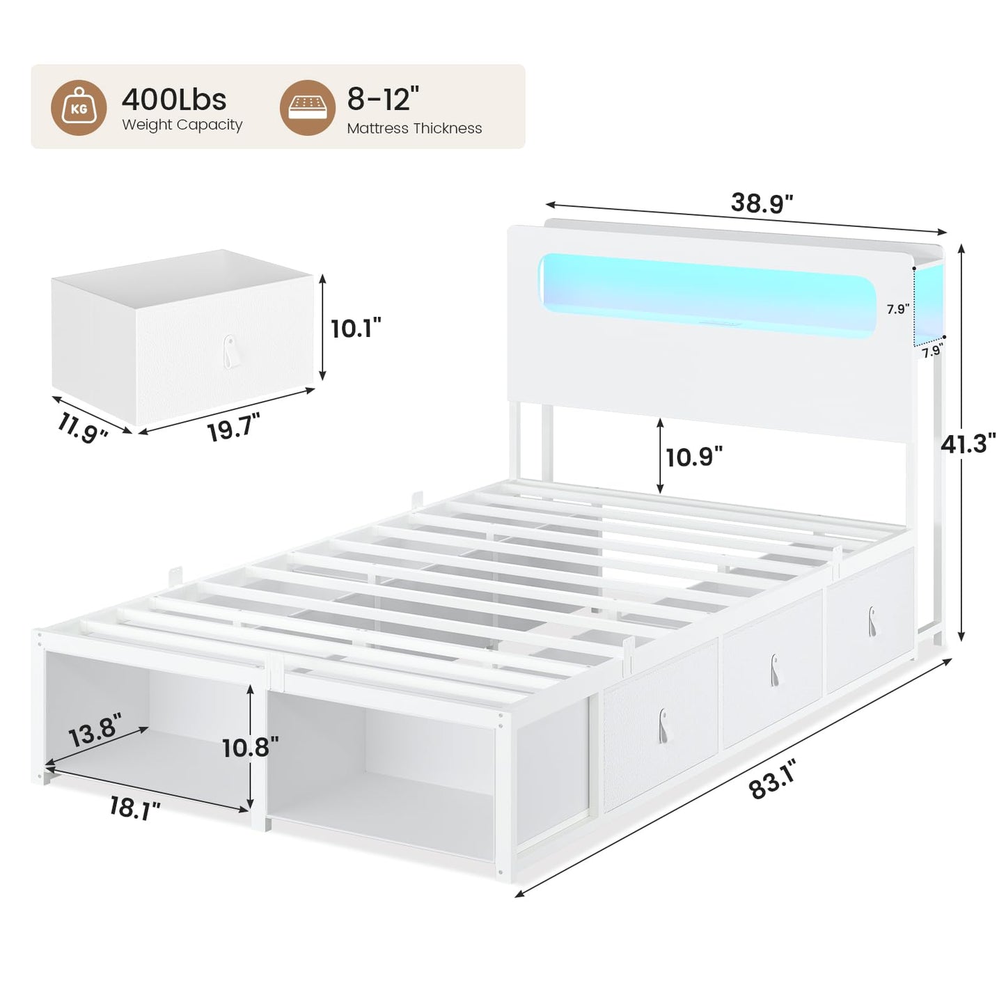 ADORNEVE Twin Bed Frame with 6 Storage Drawers & 2-Tier LED Headboard – Kids Girls Bed with Power Outlets & RGB Lights, 2 Footboard Cubbies– Space-Saving No Box Spring Neded, White