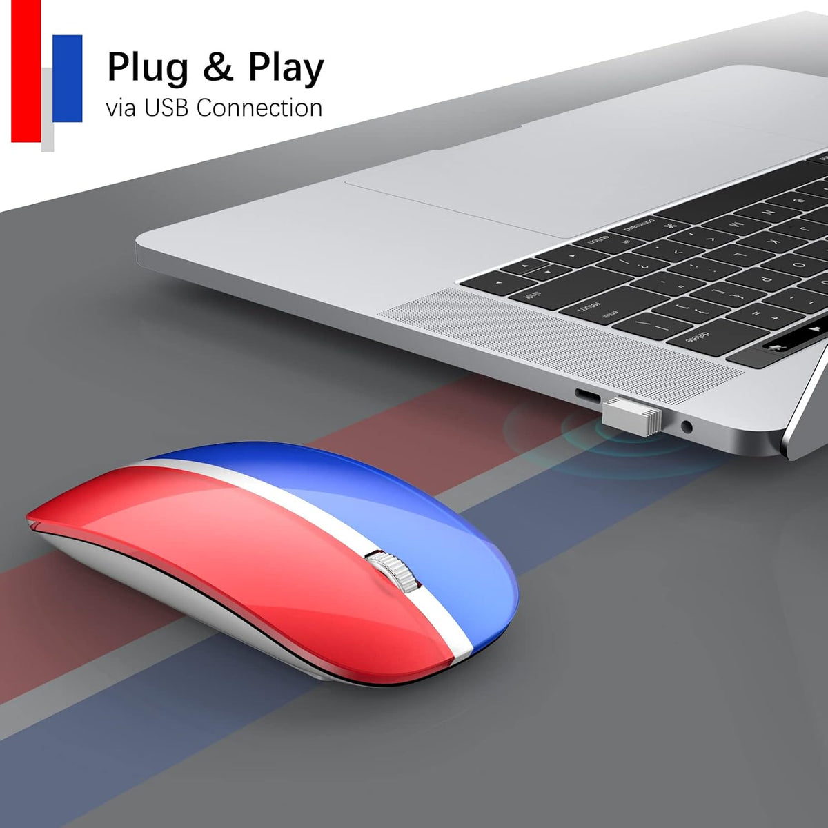 JOYACCESS Rechargeable Wireless Mouse, 2.4G Portable Slim Silent Mouse with USB Receiver and Type C Adapter, 5 Level 3000 DPI, Works with Mac or iPad (Blue & Red)