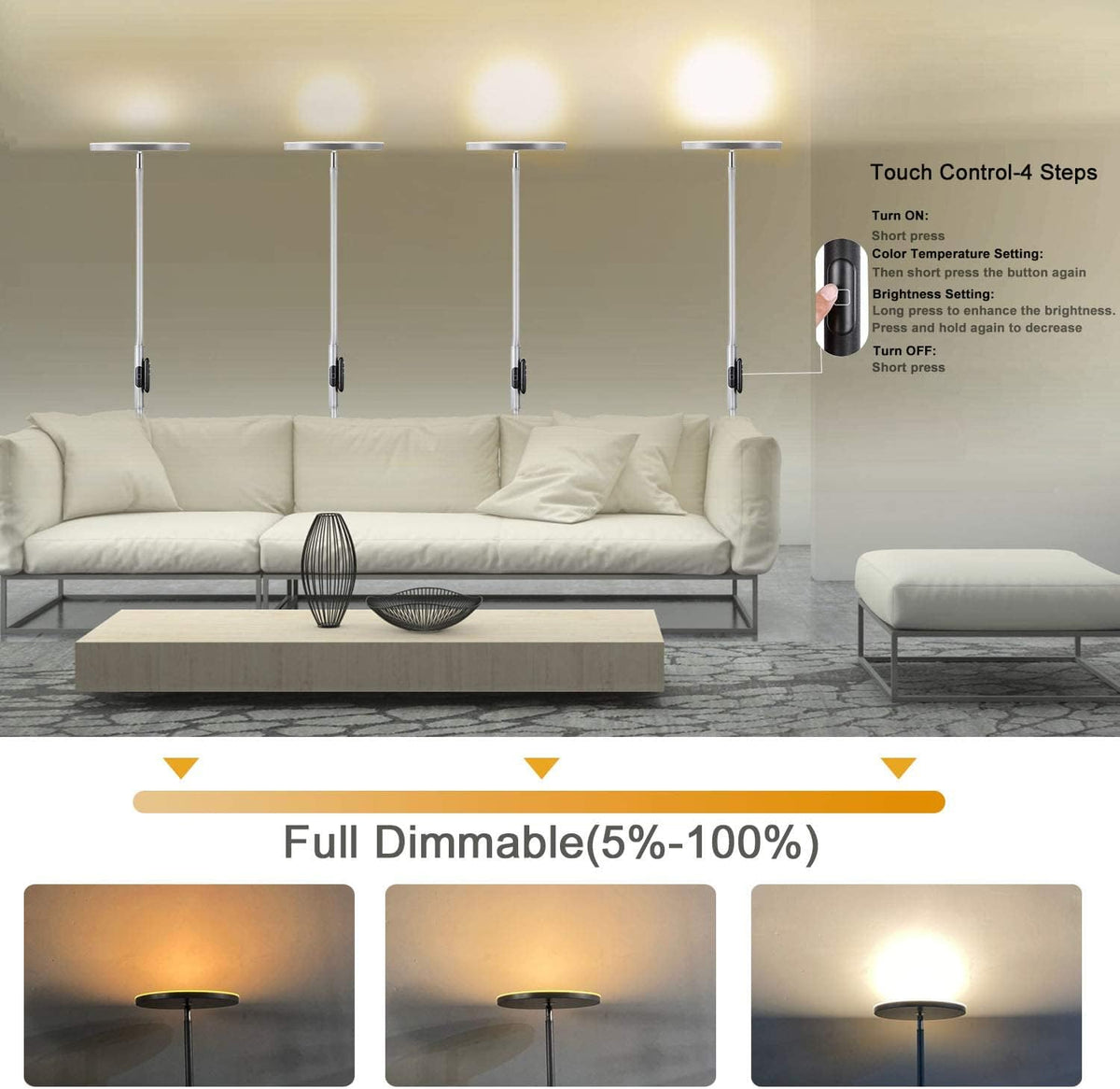 JOOFO LED Torchiere Floor Lamp with Remote, Stepless Dimmable, Silver
