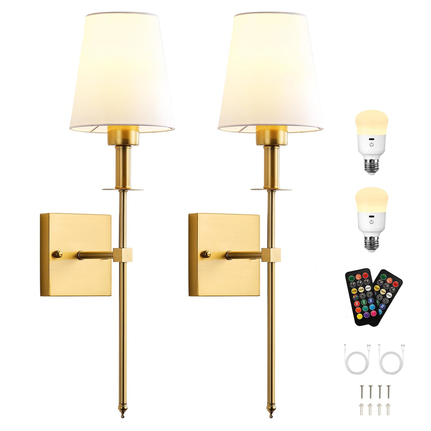 KARTOOSH Battery Operated Wall Sconce Set of Two, Rechargeable Wireless Wall Lights with Remote Control,Dimmable,3000K/4000K/6000K, RGB,Timer, No Wired Sconces for Bedroom,Living Room,Fireplace,Brass