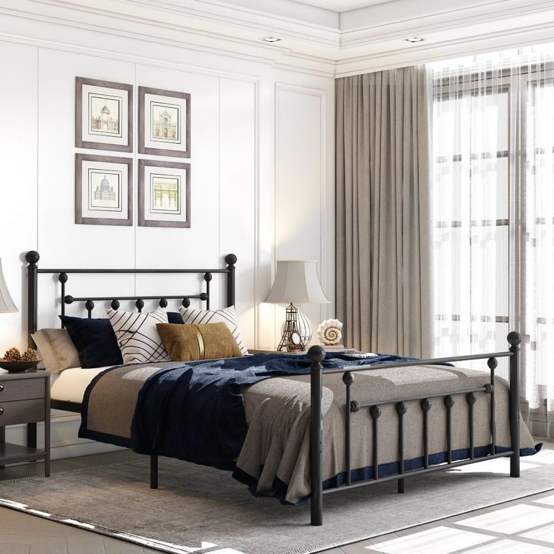 Golden Gate Beds Victorian Style Metal Platform Bed Frame with Antique Wrought Iron-Art Headboard and Footboard, Classic Cama Steel Mattress Foundation, No Box Spring Needed, Queen Size, Black Finish