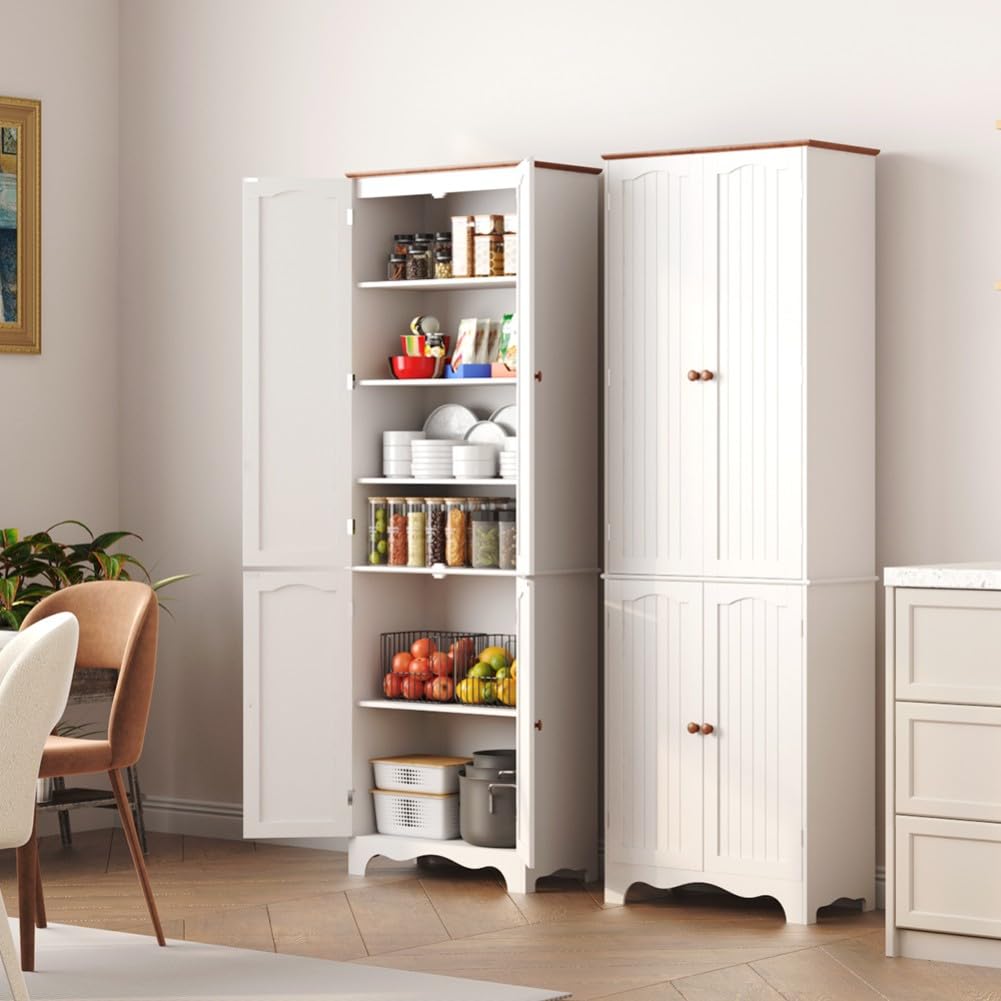 Function Home 72" Kitchen Pantry Cabinet, Freestanding Storage Cabinets, Tall Food Pantry with Doors and Adjustable Shelves, Utility Floor Cabinet for Kitchen Dining Room Living Room, White