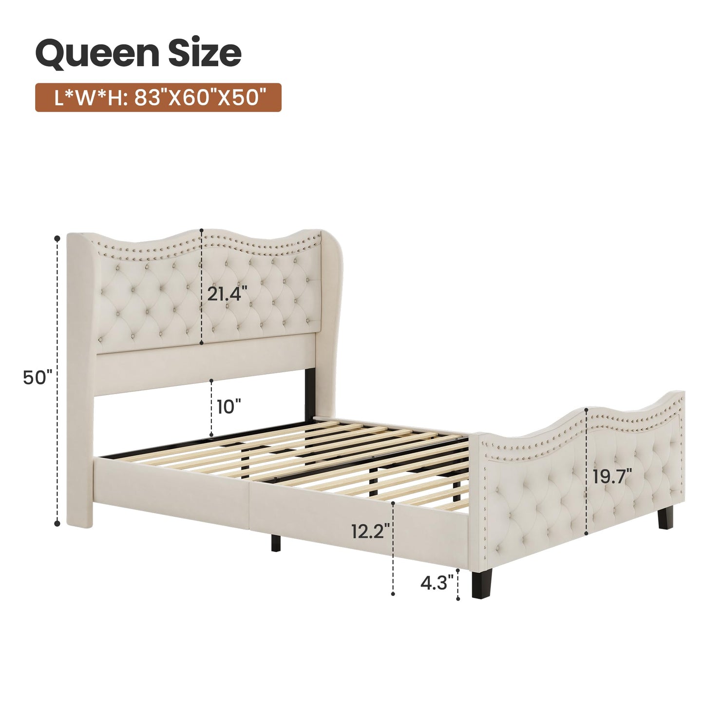 RIHHA Cream Queen Size Upholstered Platform Bed Frame with 50'' Tall Velvet Tufted Curved Wingback Headboard, Wooden Slats, Noise-Free, No Box Spring Needed, Easy Setup