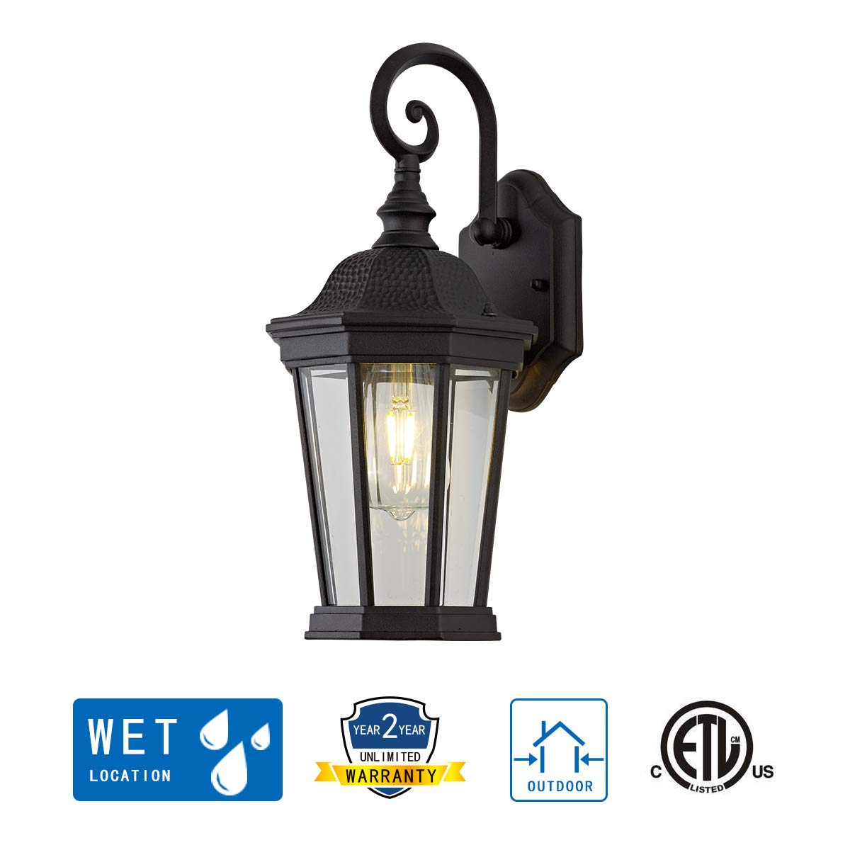 Smeike Exterior Light Fixtures, Large Outdoor Wall Light/Lantern, Outdoor Porch Light Fixtures Wall Mount in Matte Black Finish with Clear Glass, Aluminum Alloy, 60W
